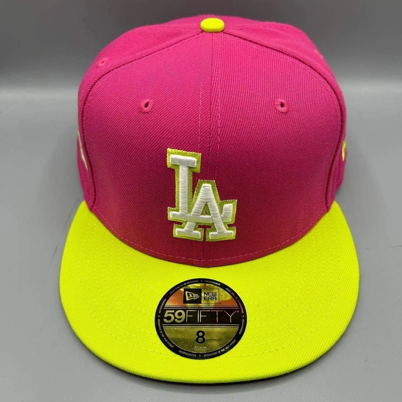New Era Los Angeles LA Dodgers Hat Men 8 Pink Yellow MLB Fitted Cap Size ONE SIZE - 2 Thumbnail