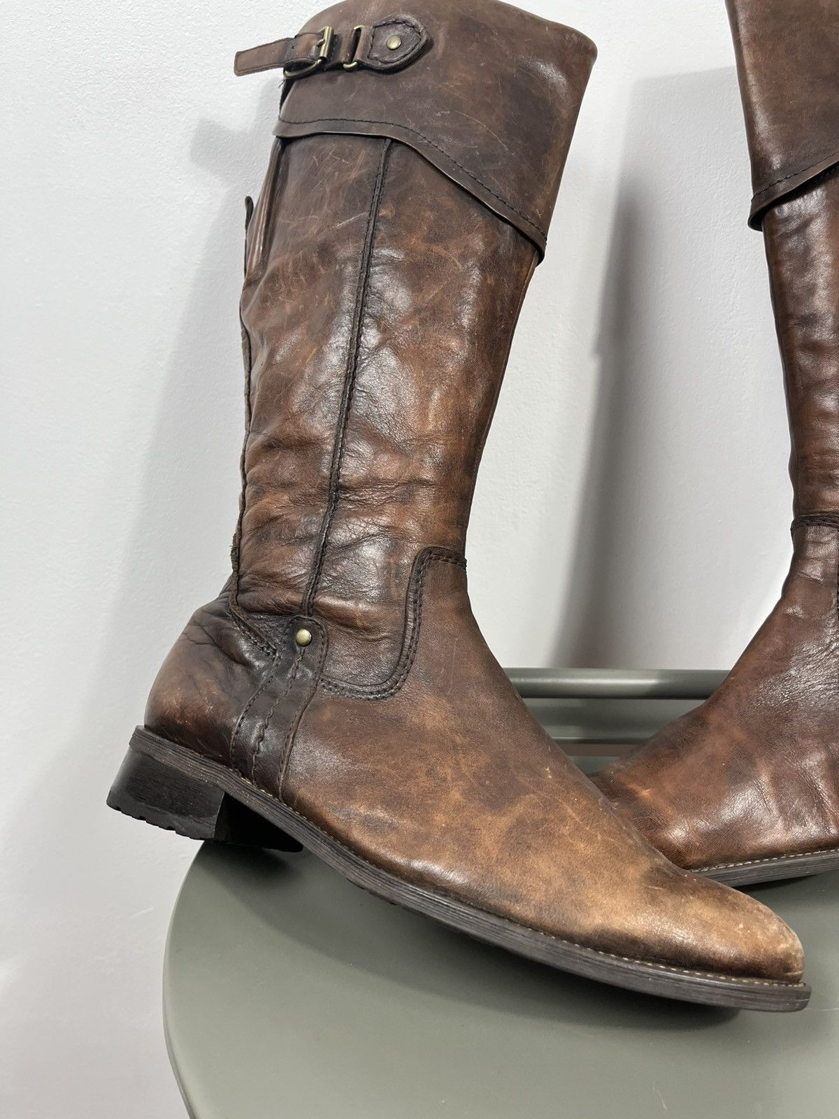 Leather Brown Leather Tall Boots Buckle Strap Zip Closure EU 39 Size US 8.5 / IT 38.5 - 5 Thumbnail
