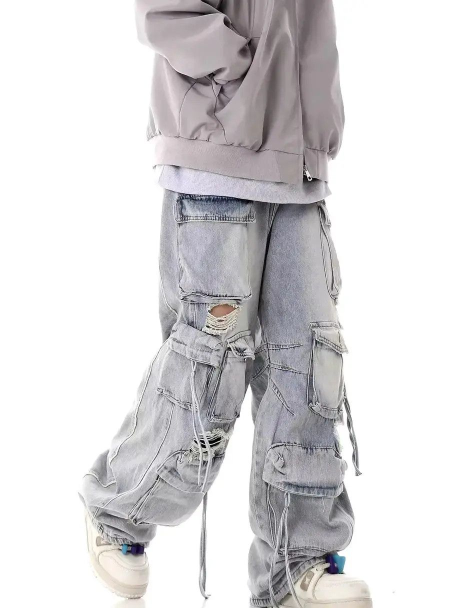 Japanese Brand Street Hip Hop Grunge Ripped Wide Leg Jeans Pants Size US 32 / EU 48 - 5 Thumbnail