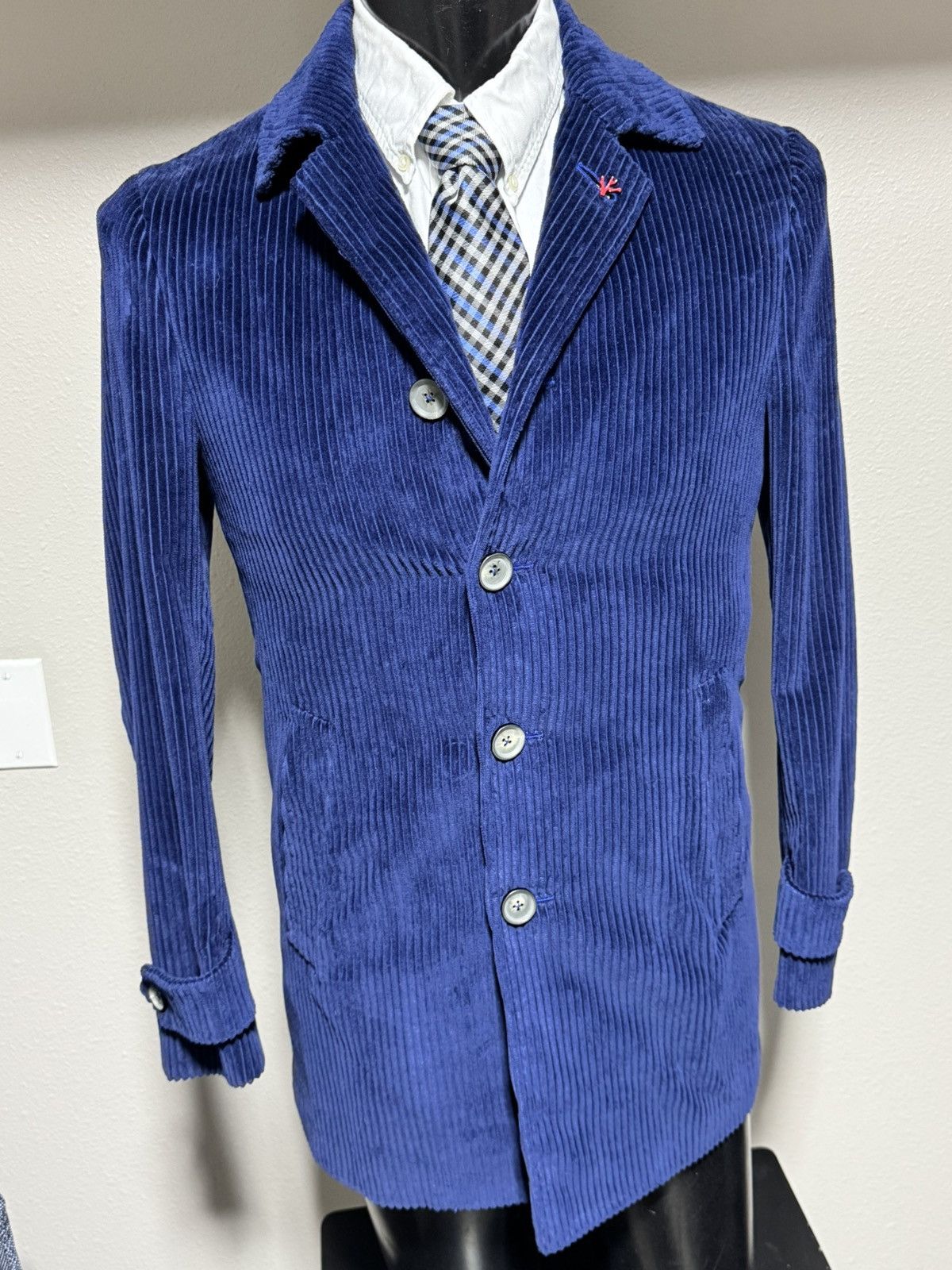 Isaia Napolii Isaia Napoli Men’s Blue Corduroy Overcoat Size US M / EU 48-50 / 2 - 1 Thumbnail