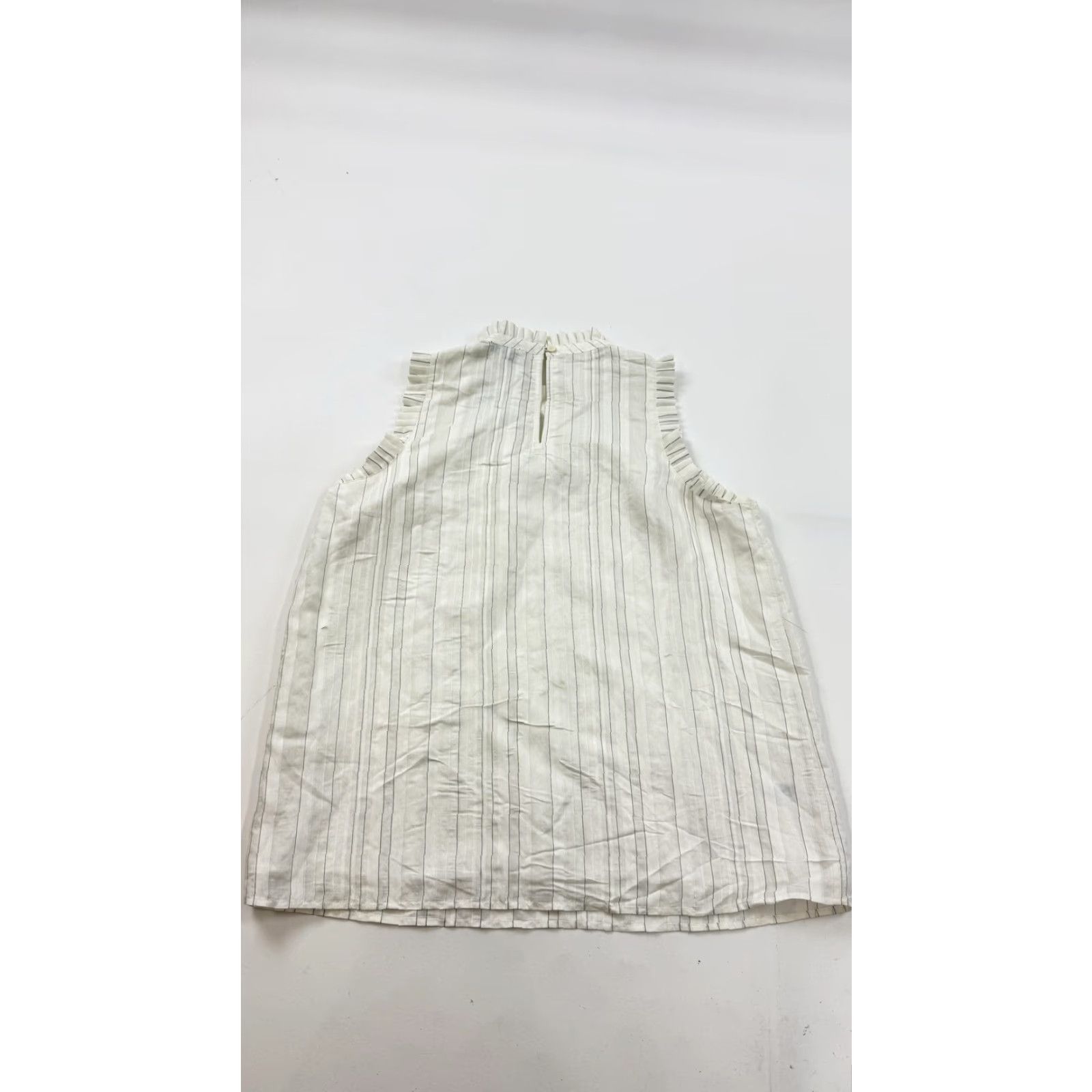 Ann Taylor Ann Taylor Blouse Womens Petite S White Striped Ruffle Mock Neck Sleeveless Size S / US 4 / IT 40 - 4 Thumbnail
