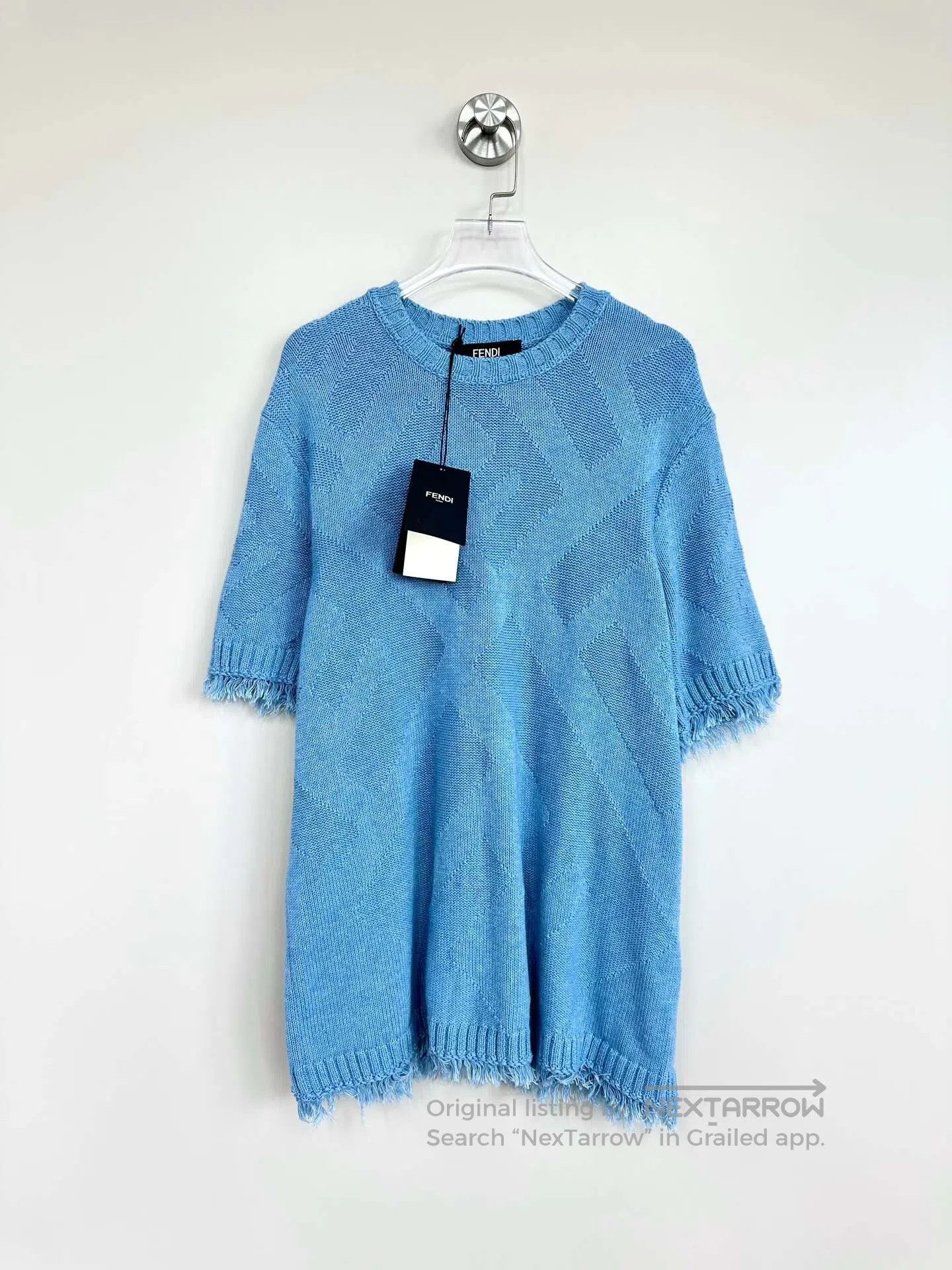 Fendi FENDI Blue embossed print floral fringed knitted short sle Size US M / EU 48-50 / 2 - 1 Thumbnail