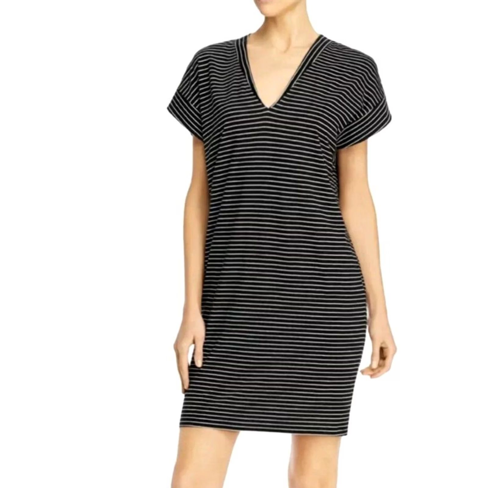 Frame FRAME Women's T-Shirt Dress XS Noir Multi Stripes Pima Cotton V-Neck Short Sleeve Black/White 100% Pima Size XS / US 0-2 / IT 36-38 - 8 Thumbnail