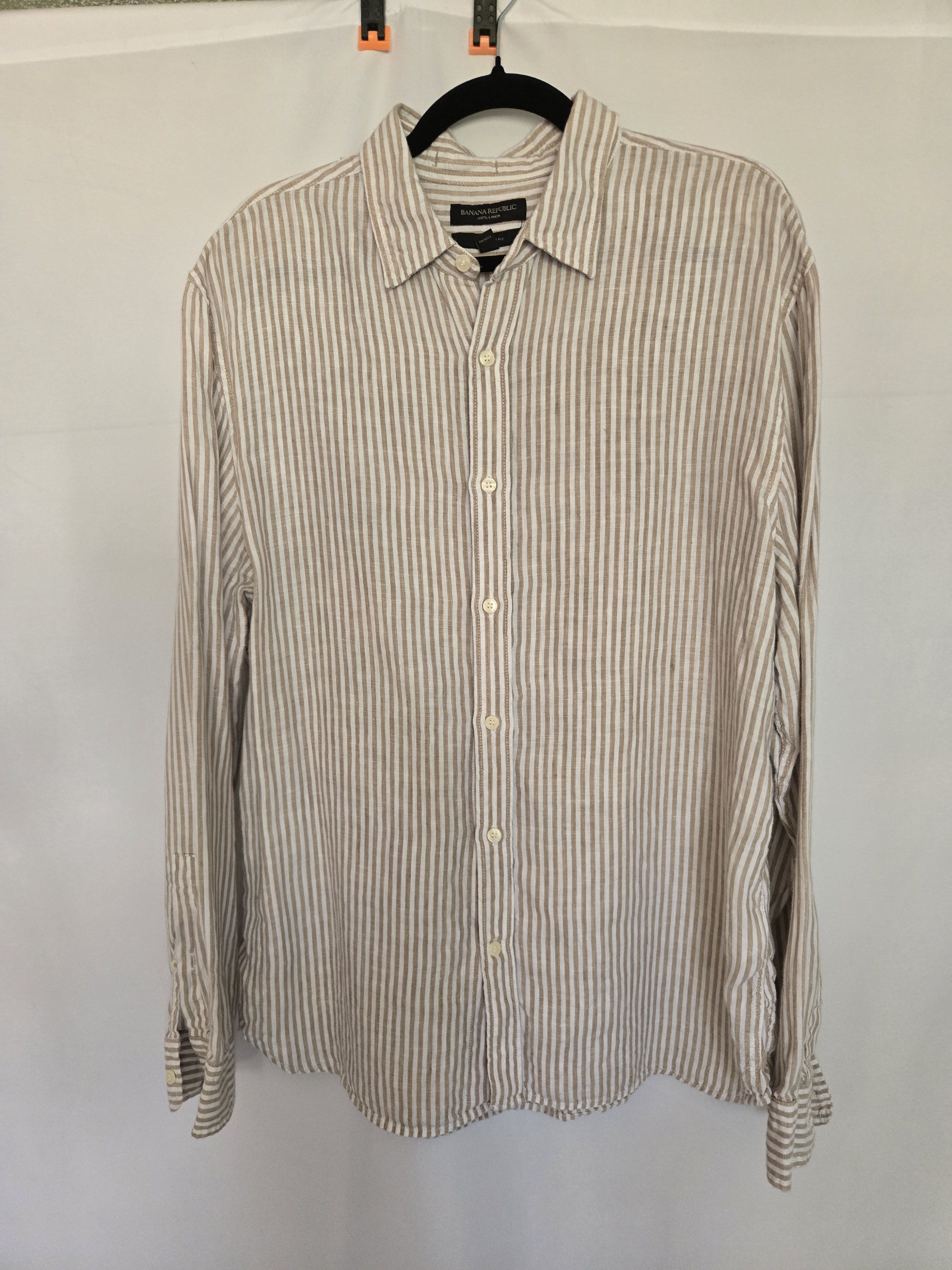 Banana Republic Men’s Banana Republic 100% Linen Shirt Tan White Stripe Size US L / EU 52-54 / 3 - 1 Thumbnail