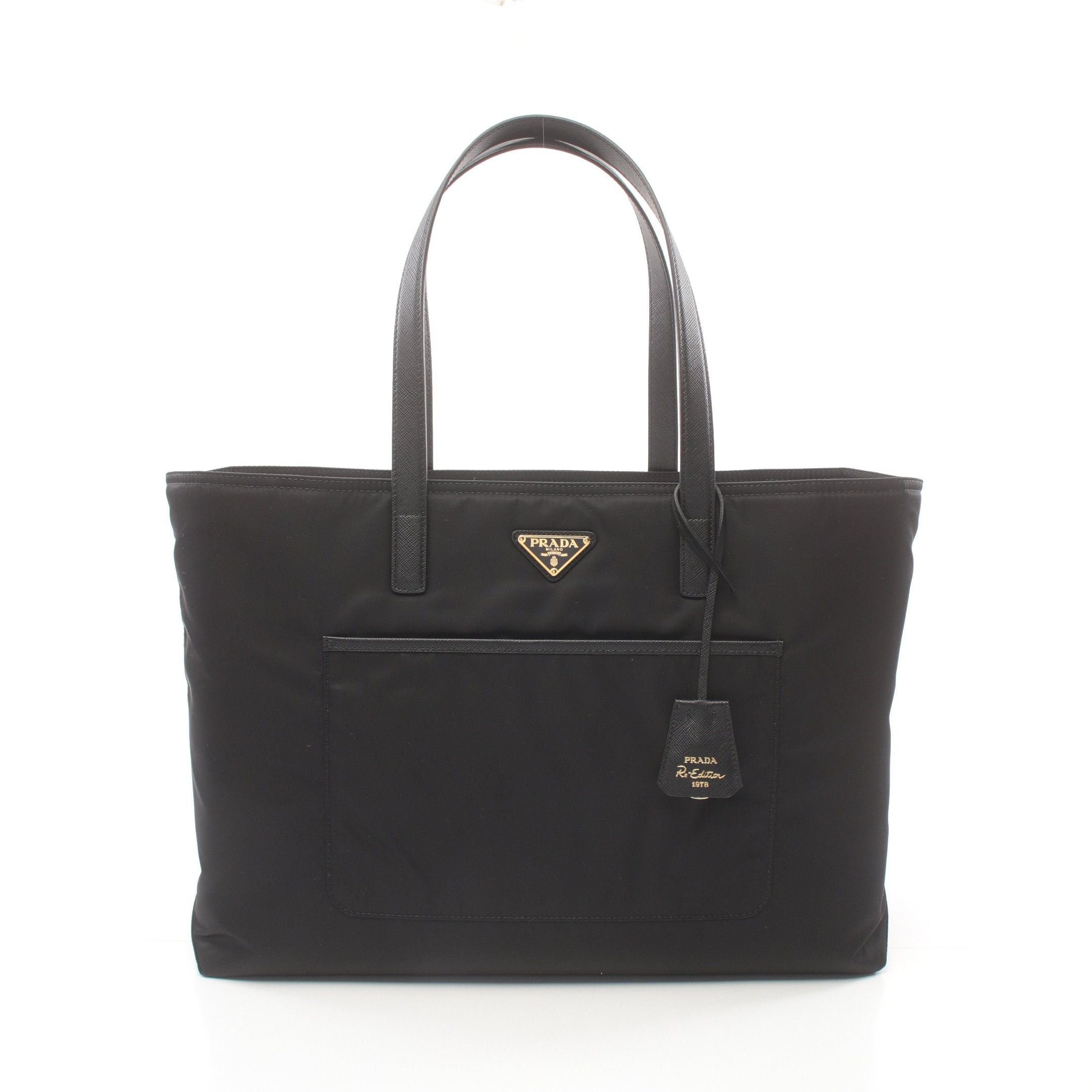 トートバッグ PRADA MEDIUM BLACK RE-NYLON SHOPPING BAG WITH EMBROIDERY Prada Prada Medium Black Re-Nylon Shopping Bag With