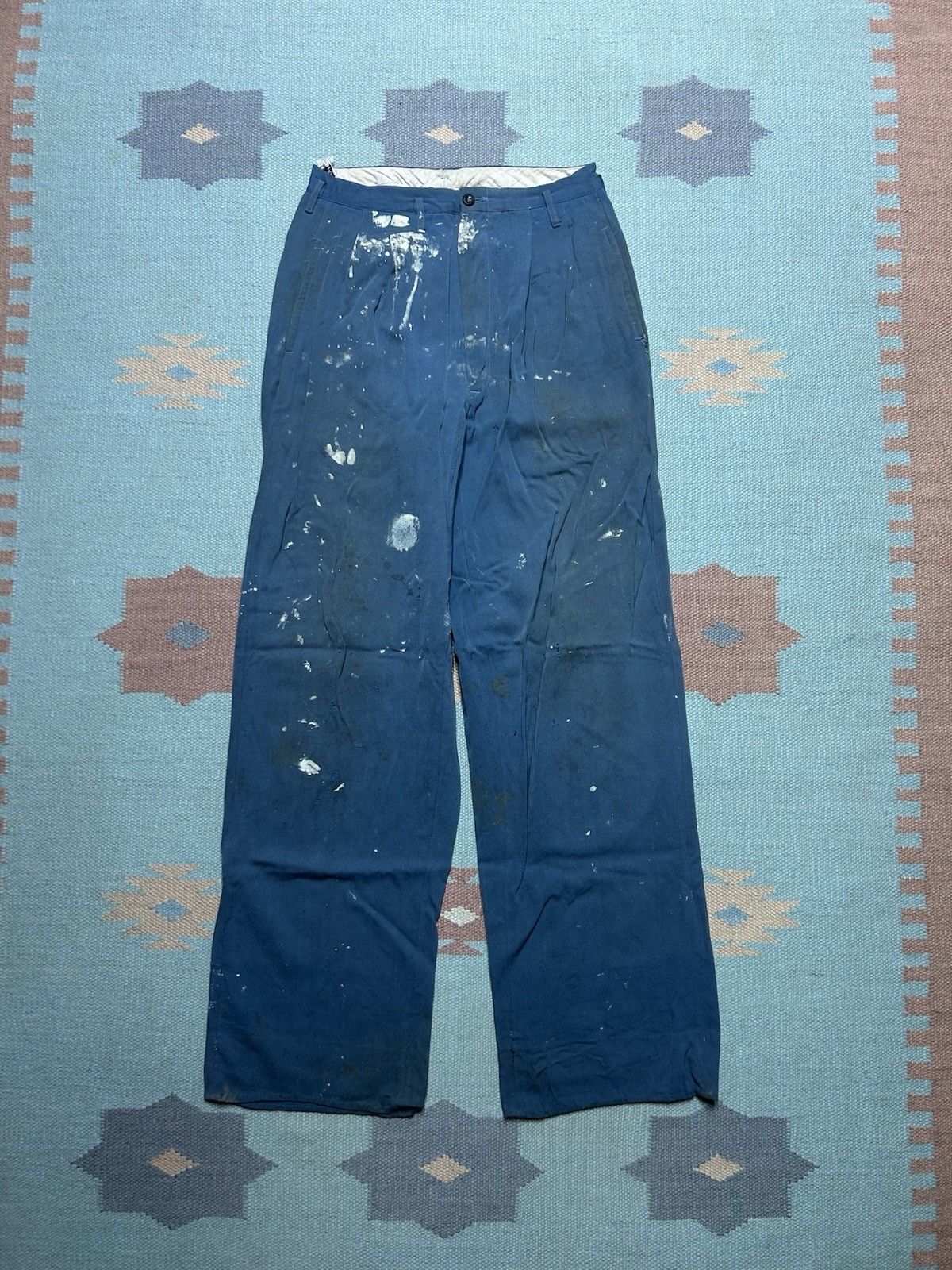 Vintage VTG 40s rayon gabardine slacks pleated paint distress 25x30 Size US 26 / EU 42 - 1 Thumbnail