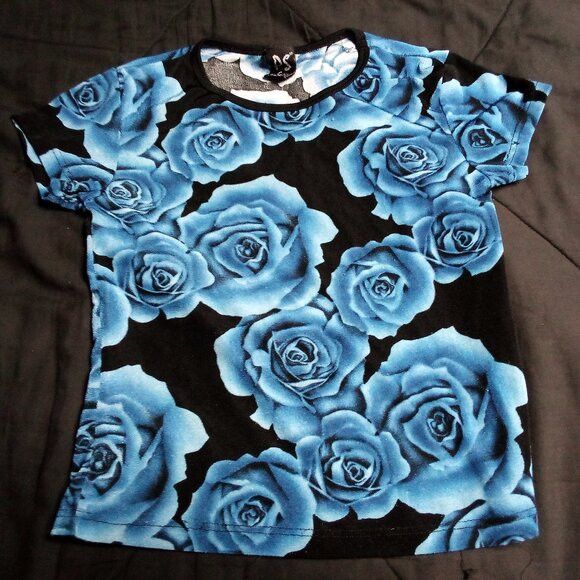 Other Vintage PerSeption Blue Rose Polyester Crop Top T-Shirt Size S / US 4 / IT 40 - 2 Thumbnail