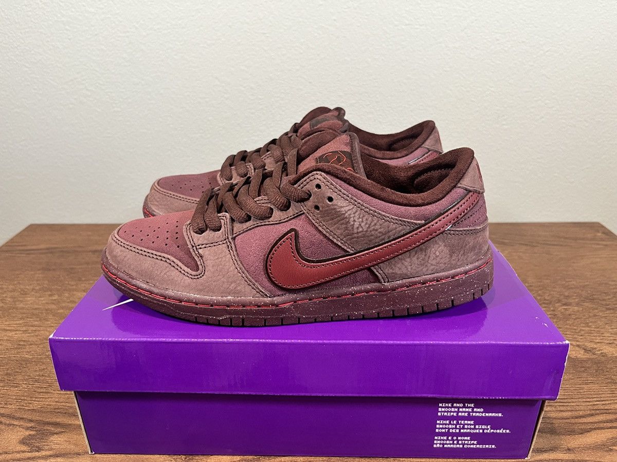image of Nike Sb Dunk Low City Of Love Burgundy Crush Shoes in Burgundy Red, Men's (Size 8)