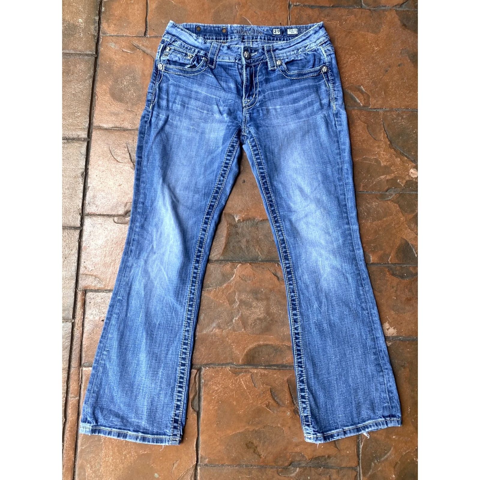 Miss Me VINTAGE Miss Me Signature Boot Jeans Embellished Denim Rhinestones Bling Women's 29 Jeans Bootcut 5-Pocket Dark Blue Kid? Size 29" - 2 Thumbnail