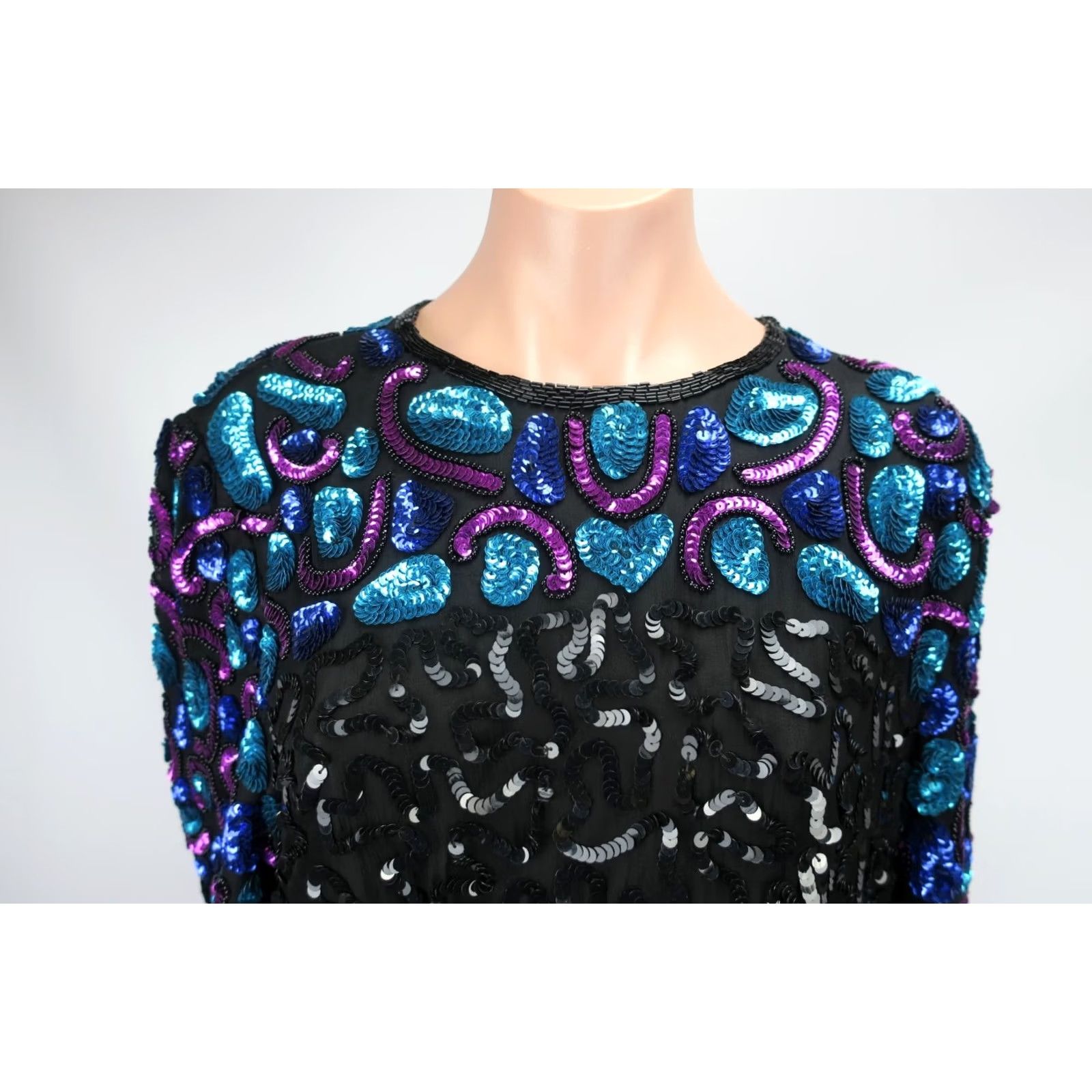 Pinko VINTAGE Laurence Kazar Gown Dress Beaded Sequin Evening Silk XL Blue Diamonds Gatsby Party Flapper Knee Length Size XL / US 12-14 / IT 48-50 - 3 Thumbnail