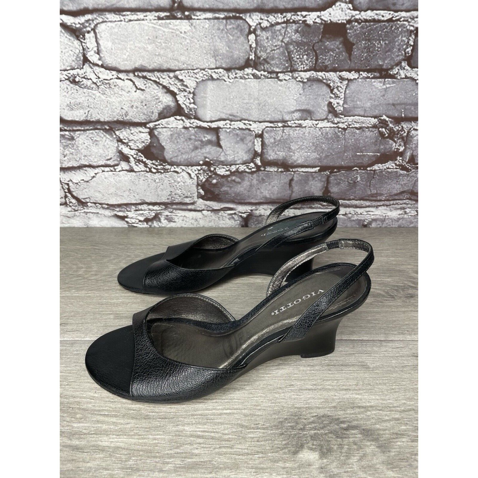 Other Vigotti Black Leather Open Toe Slingback High Wedge Sandals Size US 7 / IT 37 - 9 Thumbnail