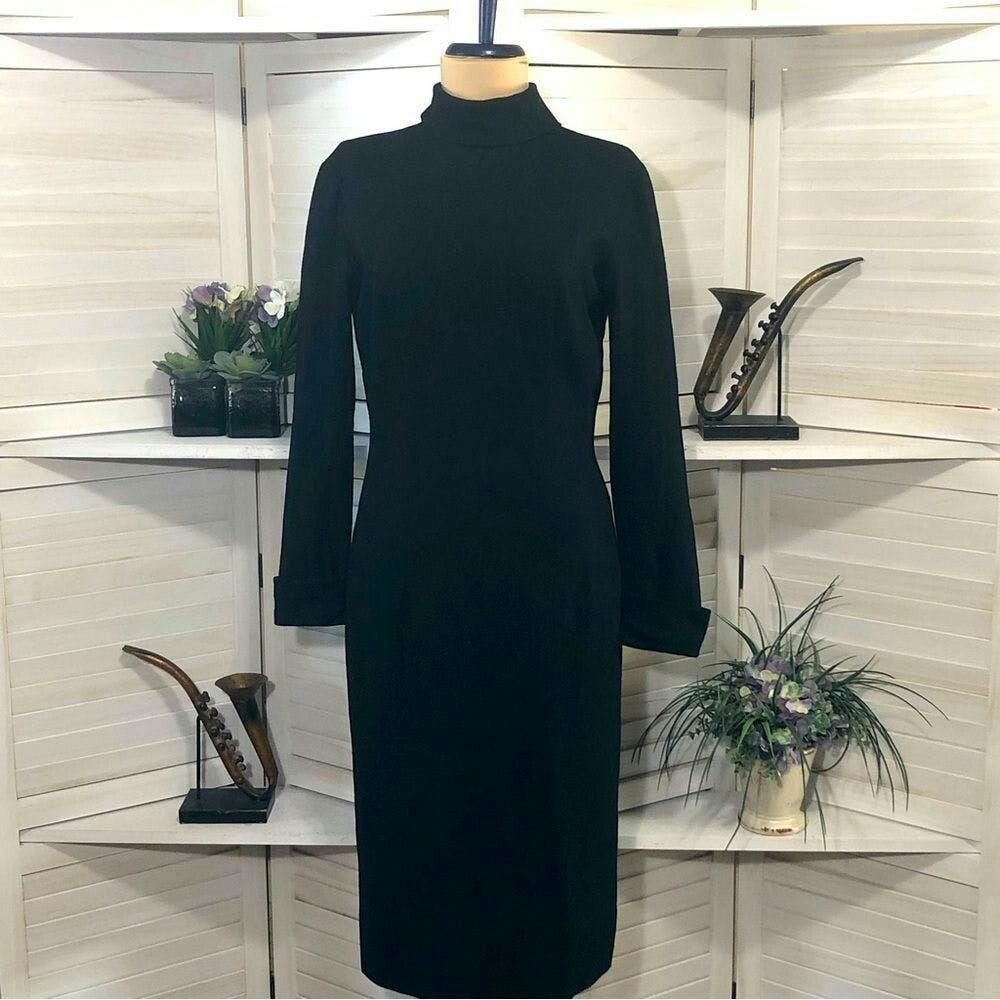Vintage Vtge 80s wool cashmere black tan turtleneck midi dress S Size S / US 4 / IT 40 - 3 Thumbnail