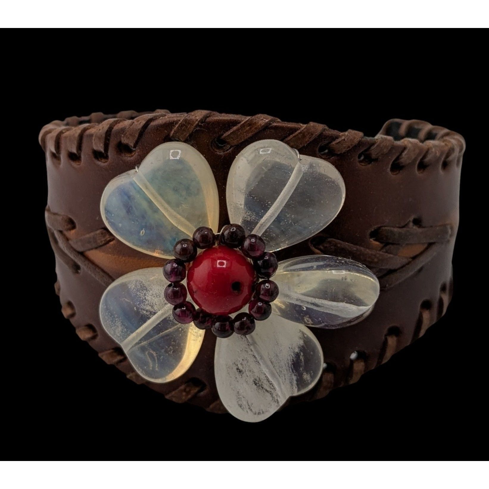 Handmade Handcrafted Leather Cuff Bracelet With Gemstone Flower Desig Size ONE SIZE - 1 Thumbnail