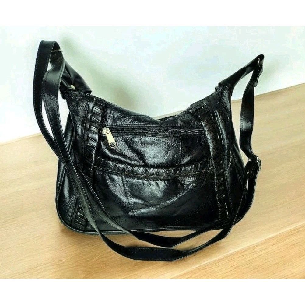Vintage Patch Leather Crossbody Purse Bag Black Boho Biker A, Women's