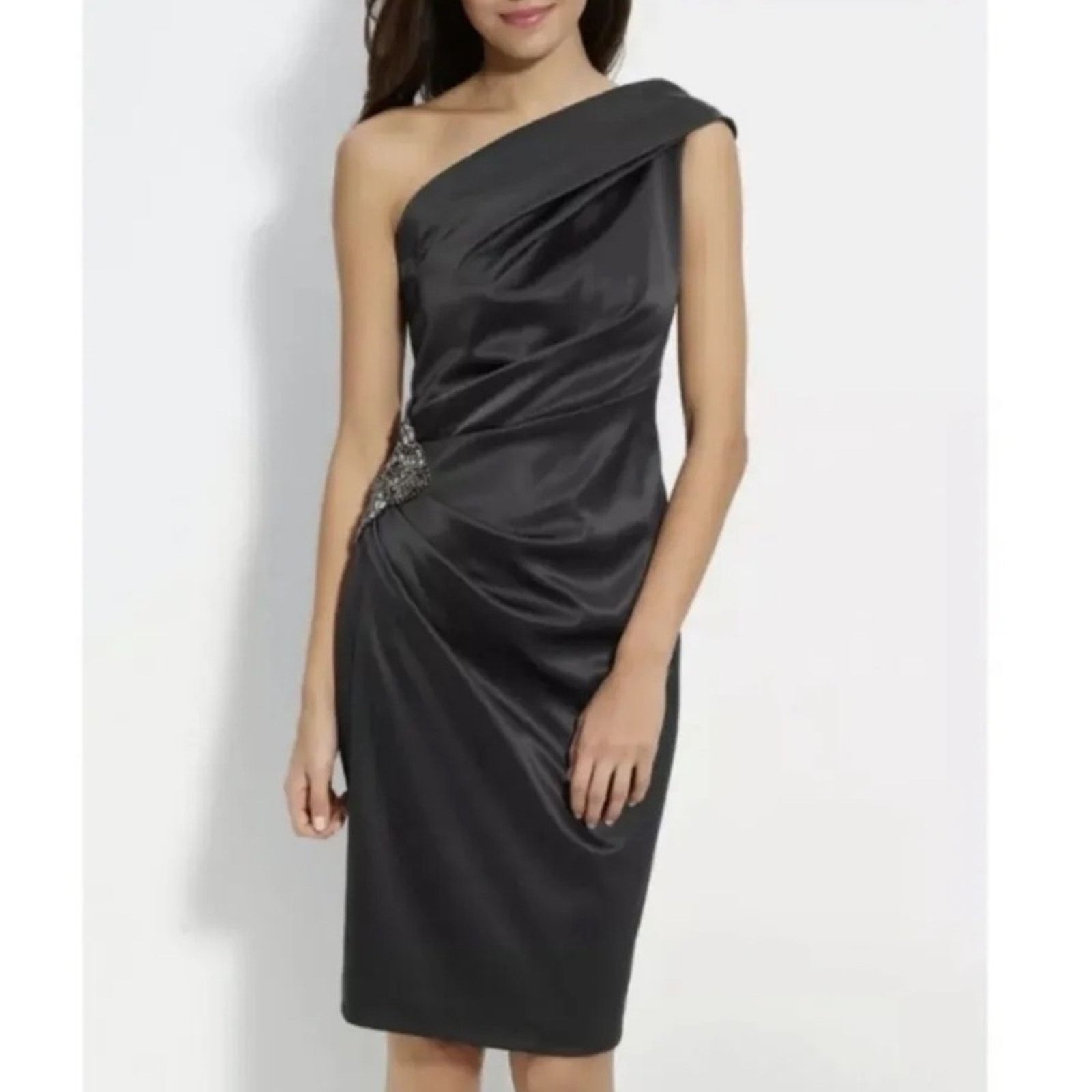 ELIZA J One-Shoulder Beaded Satin Formal Dress