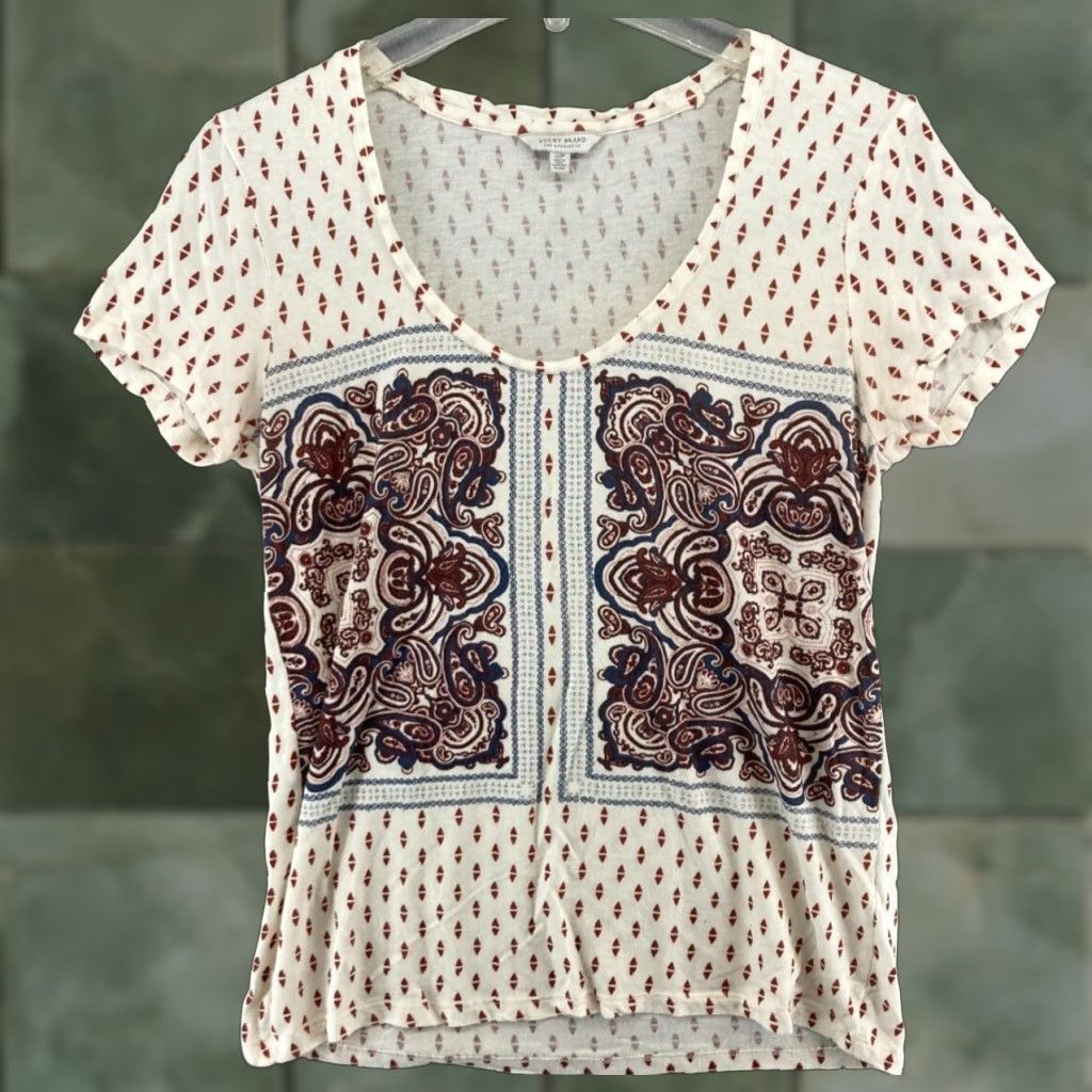 Lucky Brand Lucky Brand TShirt Womens Small Geometric Multicolor 3/4 Sleeve Scoop Neck Flutter Crew Casual Bohemian Cotton Blend Shirt Womens Small Size S / US 4 / IT 40 - 1 Thumbnail