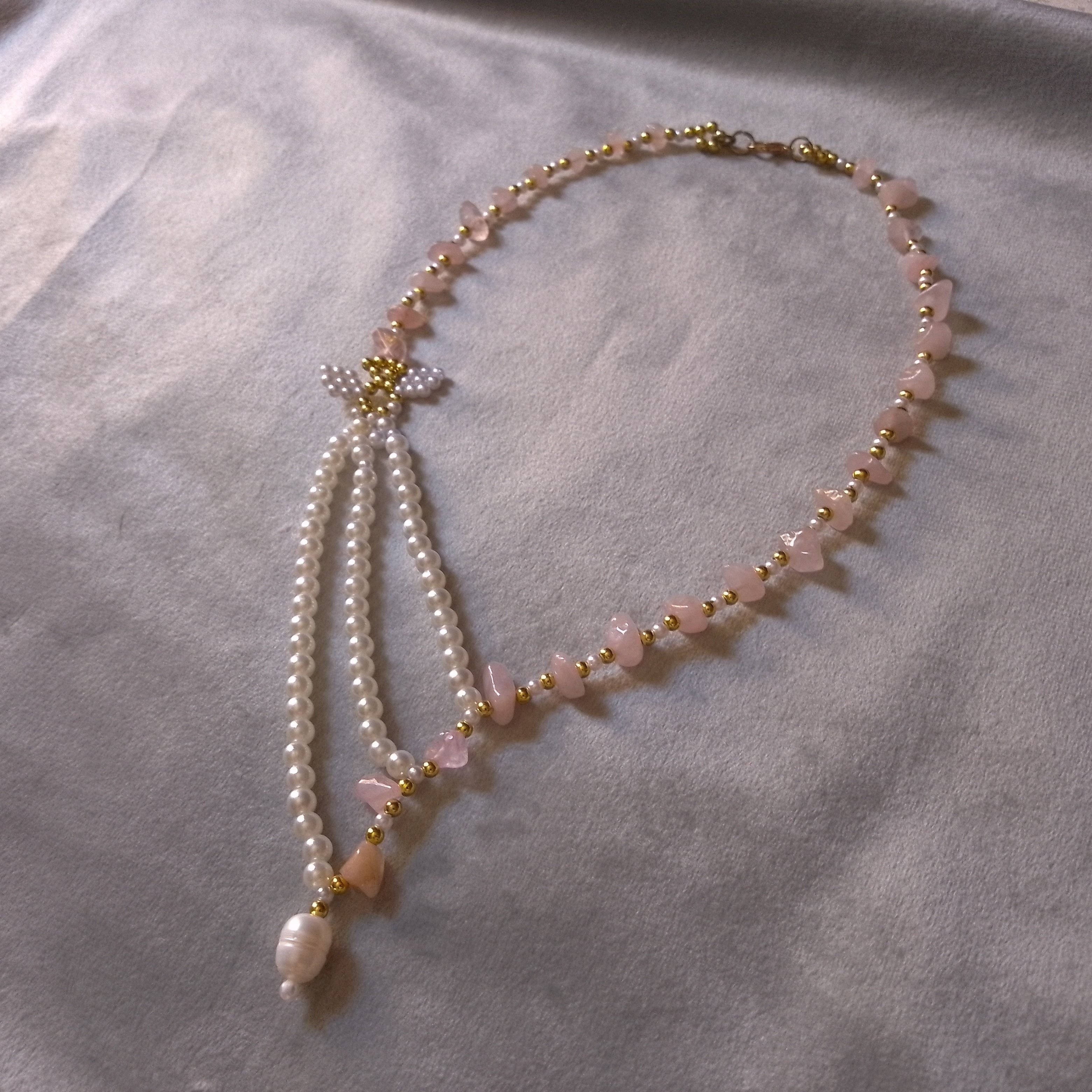 Handmade Necklace Rose Quartz Pearls Elegant Multi thread Size ONE SIZE - 8 Thumbnail