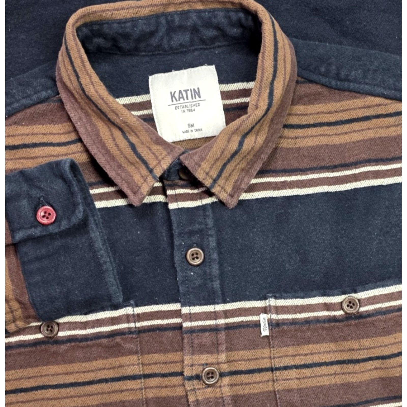 Katin Katin Shirt Mens S Flannel Stripe Button Up Workshirt Brown Blue Size US S / EU 44-46 / 1 - 2 Thumbnail
