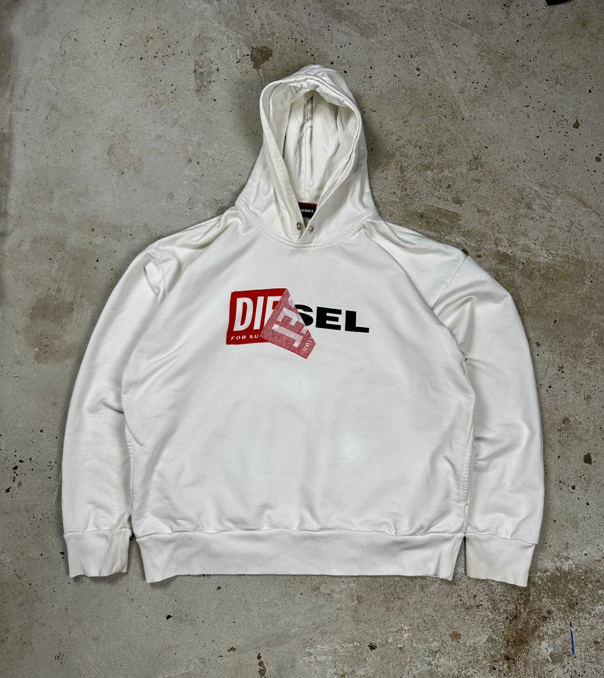 Diesel × Vintage Vintage Y2K Diesel Hybrid Logo White Boxy Hoodie Sweatshirt Size US L / EU 52-54 / 3 - 1 Thumbnail