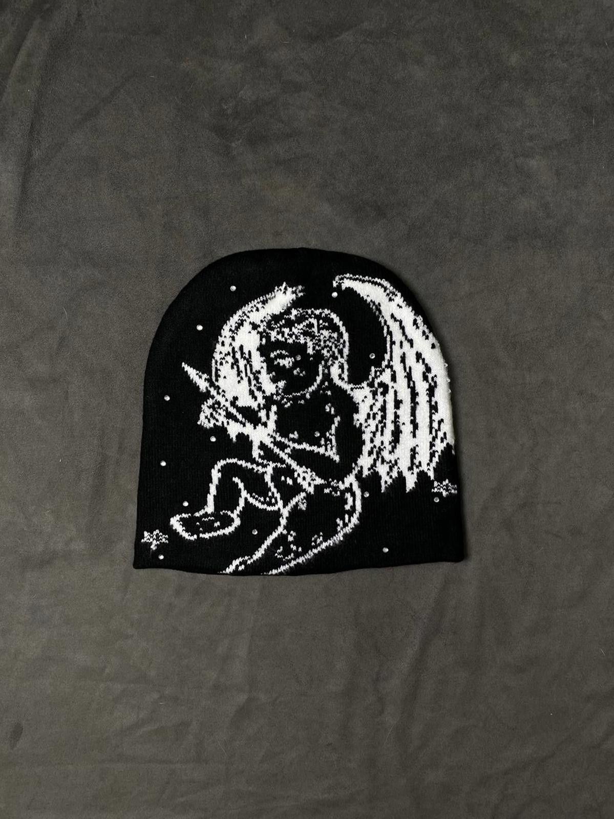 Japanese Brand Rare White Angel Graphic No Cuff Knit Black Beanie Hats OS Size ONE SIZE - 1 Thumbnail
