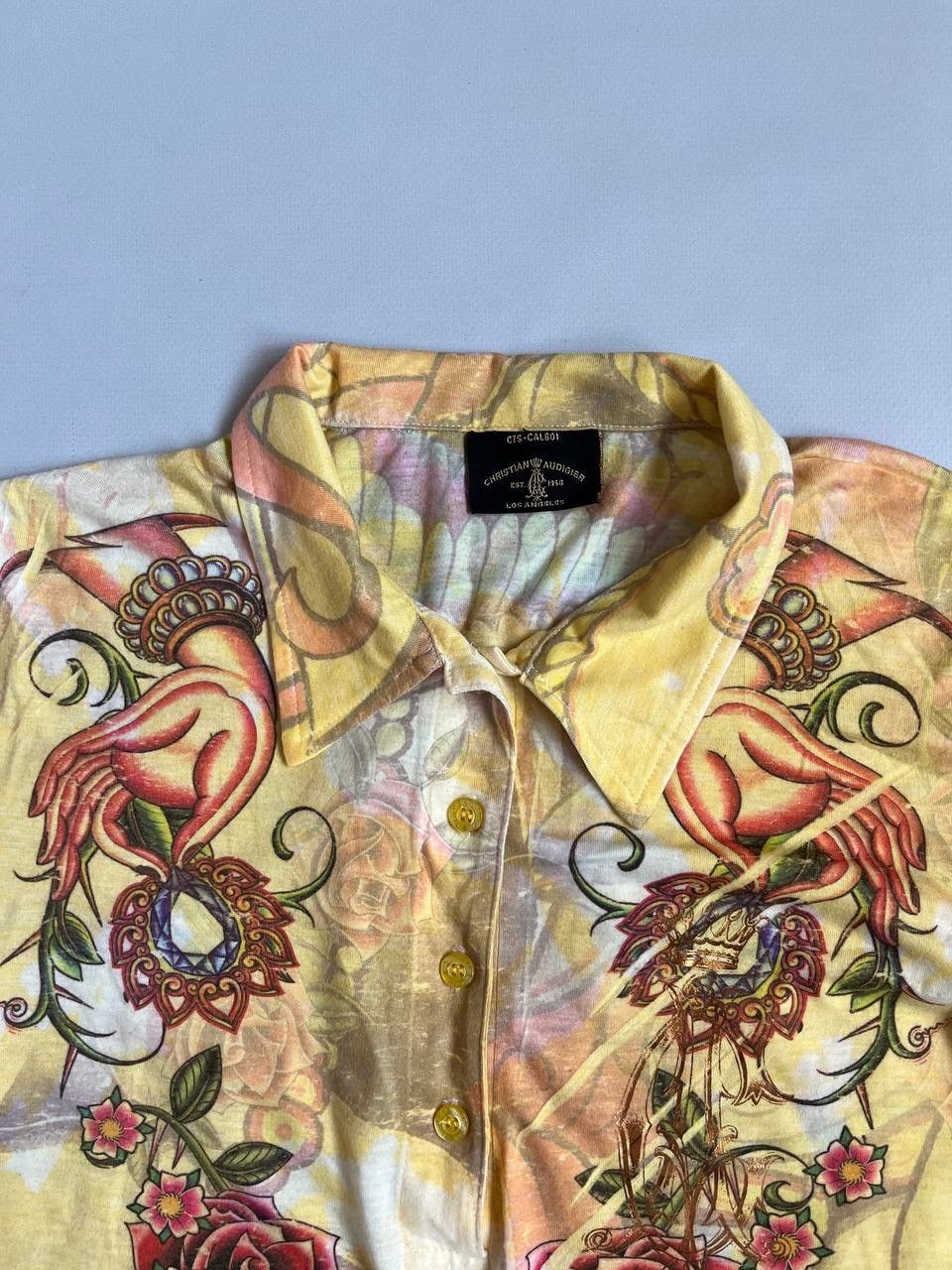 Christian Audigier Christian Audigier Women Buddha Yellow Printed Polo Shirt Size M / US 6-8 / IT 42-44 - 2 Thumbnail