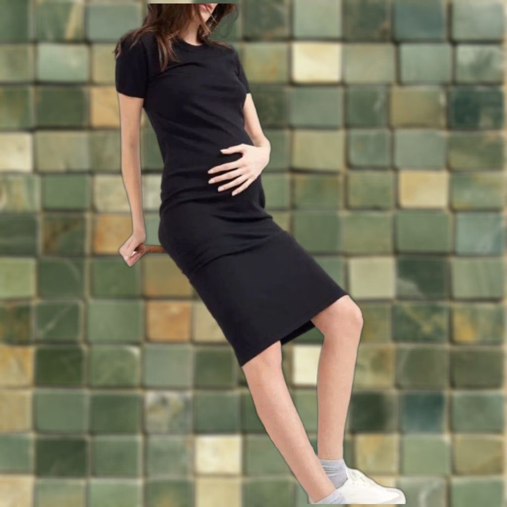 Vintage Hatch Maternity Dress Shirt Dress Short Sleeve Black Scoop Neck Midi Medium Women Mens? Size 32" / US 10 / IT 46 - 1 Thumbnail