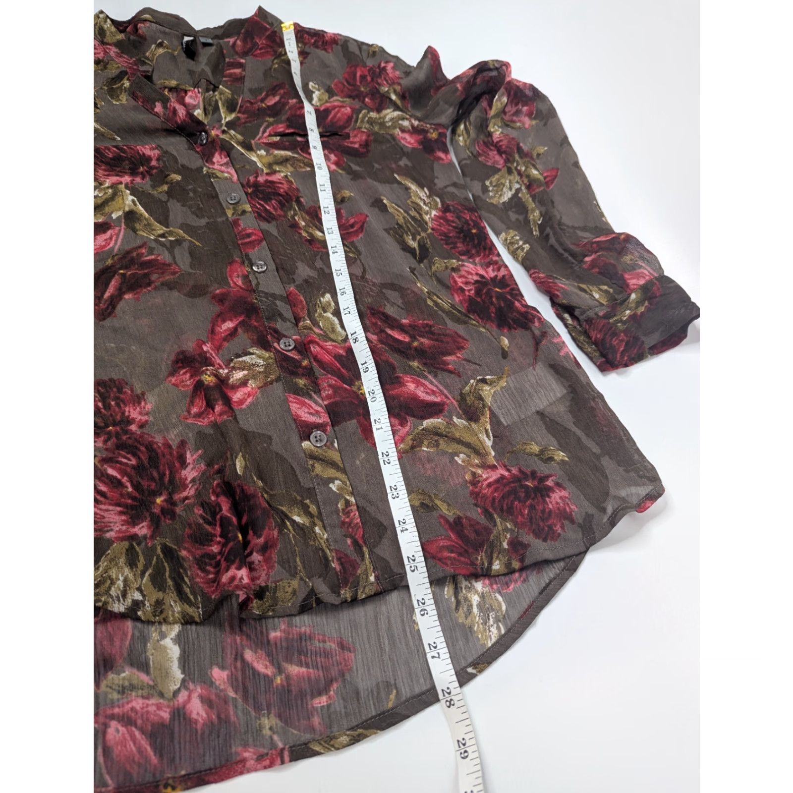 Vintage Kut from the Kloth Womens Blouse Shirt S Brown Floral Print Button V-Neck Sheer Long Sleeve Crepe Polyester Tunic Casual Size S / US 4 / IT 40 - 3 Thumbnail