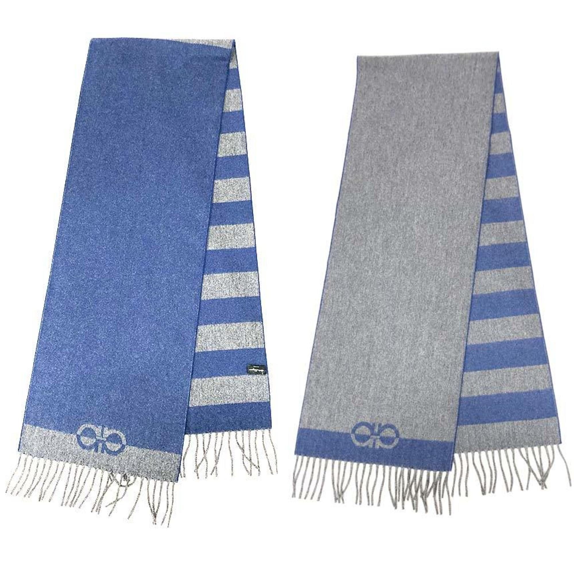 Salvatore Ferragamo Salvatore Ferragamo Scarf Gancini Pattern Border Wool Cashmere Blue x Gray Size ONE SIZE - 1 Thumbnail