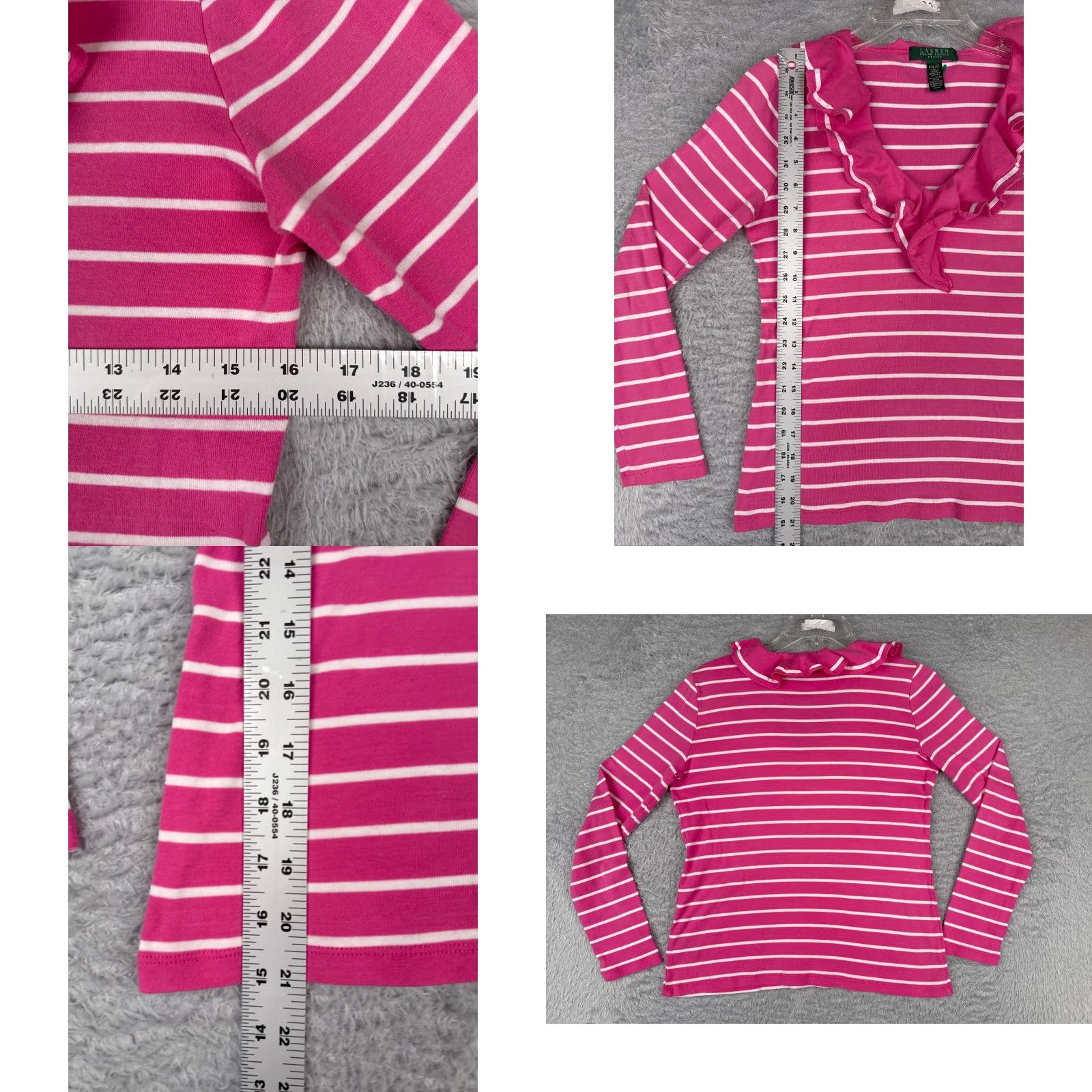 Ralph Lauren VINTAGE Lauren Ralph Lauren Shirt Women PM Petite Pink Striped Long Sleeve Cotton Pullover V-Neck Casual Ruffle Designer Size M / US 6-8 / IT 42-44 - 8 Thumbnail