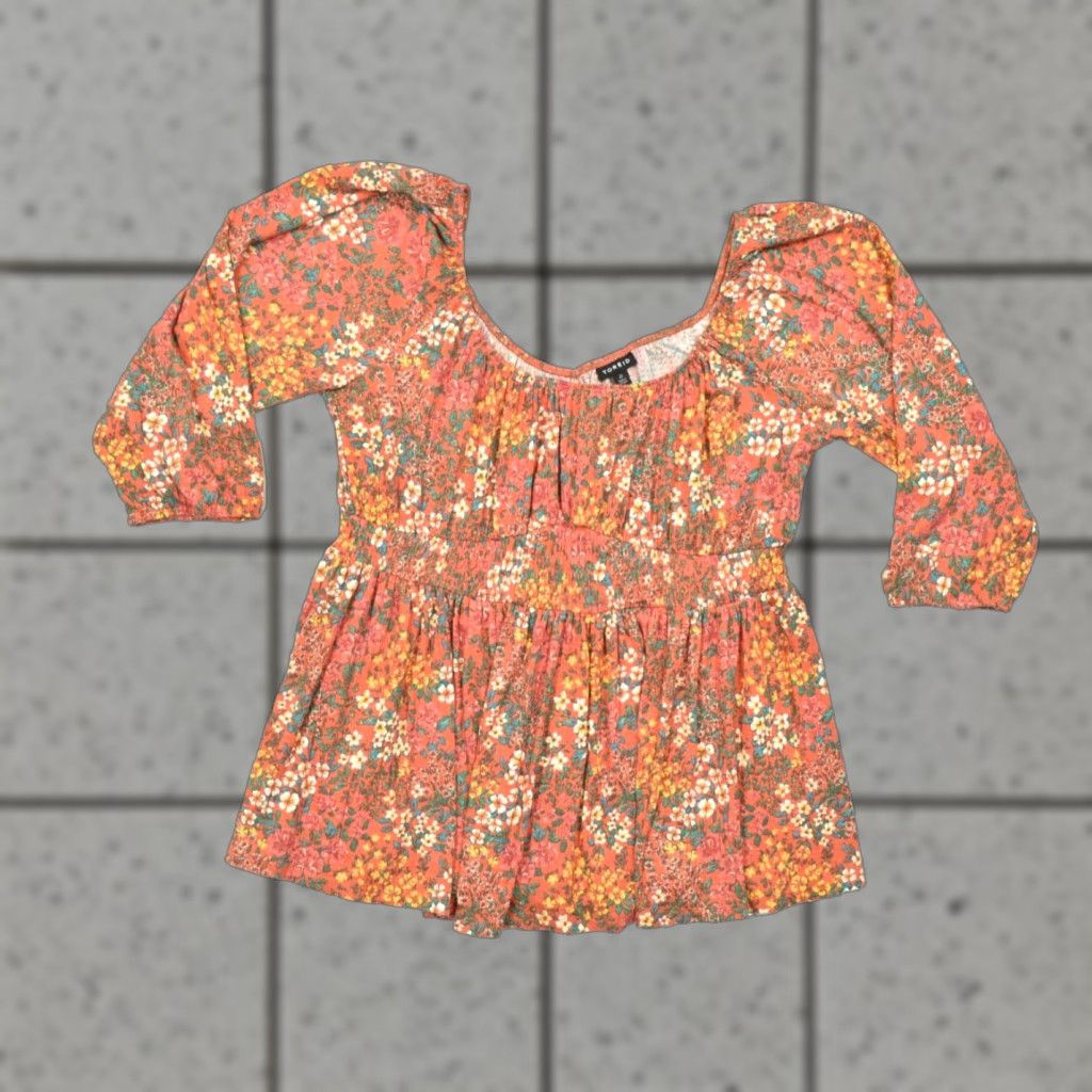Torrid Torrid Orange Floral Smocked Waist Peplum Top 3/4 Puff Sleeve Scoop Neck Size 0 Blouse Women Size XS / US 0-2 / IT 36-38 - 1 Thumbnail