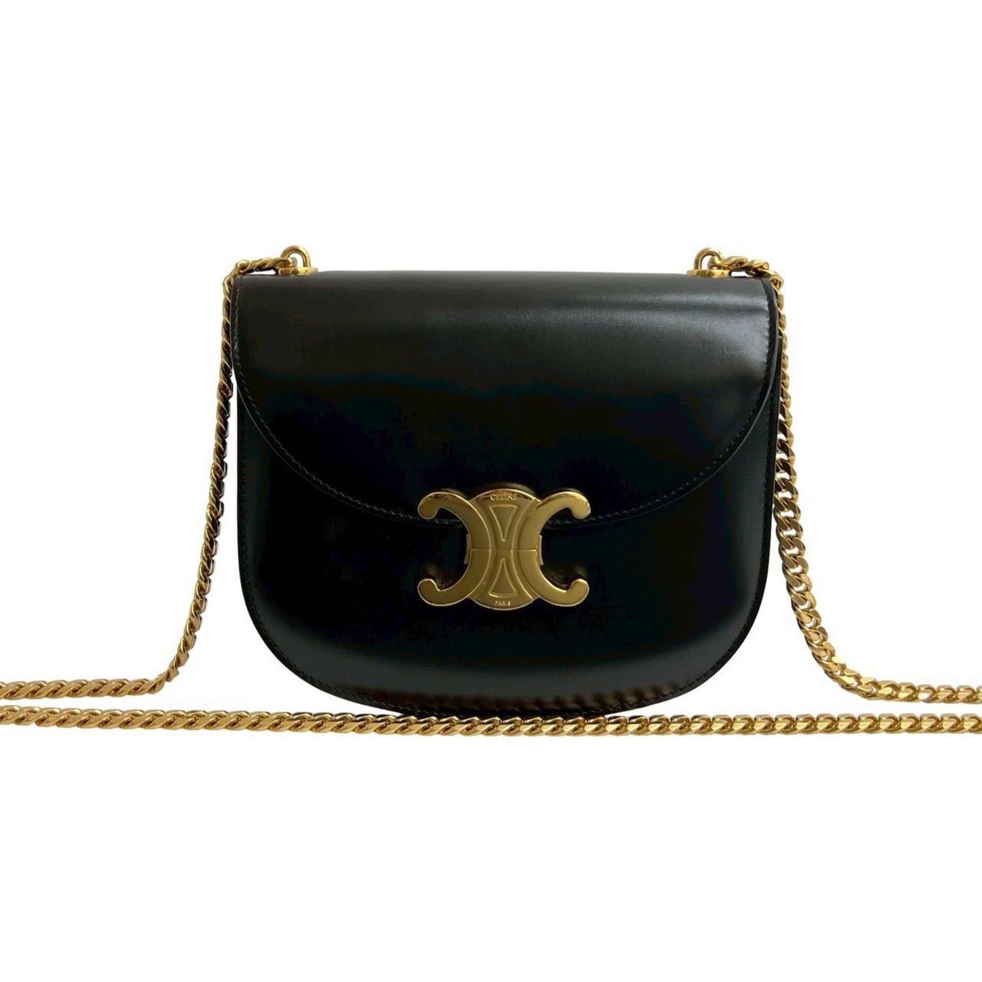 Celine CELINE Teen Chain Besas Triomphe Logo Calf Leather Shoulder Bag Pochette Black 30423 Size ONE SIZE - 1 Thumbnail