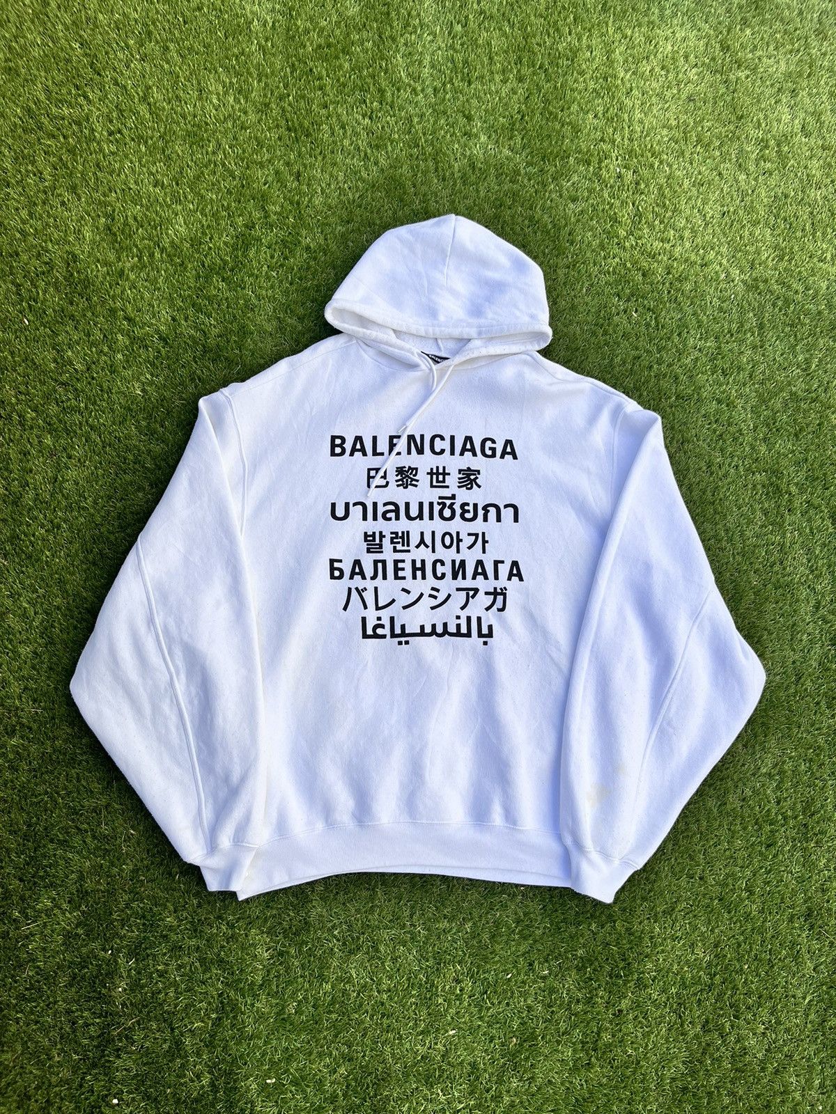 image of Balenciaga Multi Language Oversized Logo Hoodie in White, Men's (Size XS)