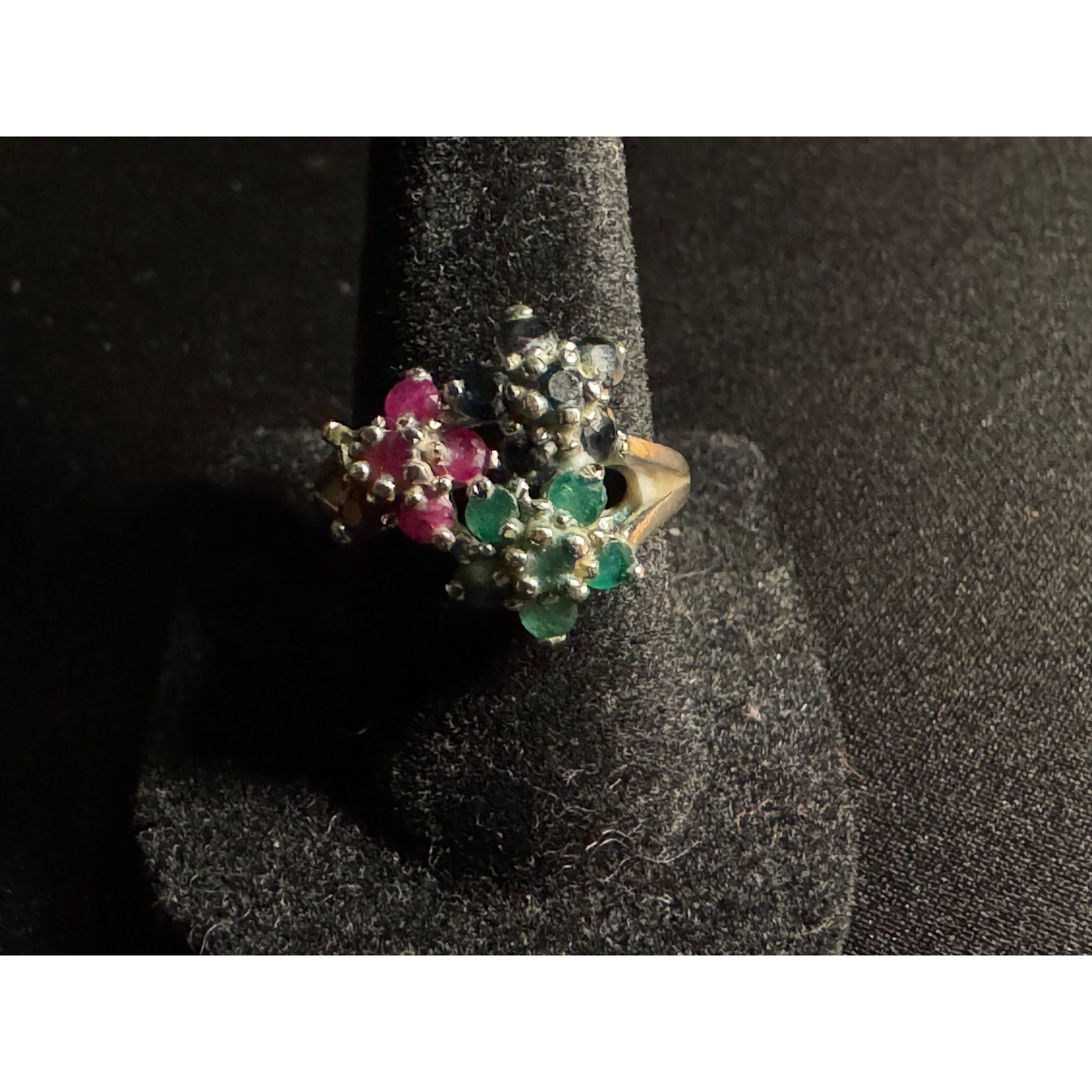 Other Sterling Signed Beta Ruby, Sapphire, Emerald Flower Ring Size ONE SIZE - 2 Thumbnail