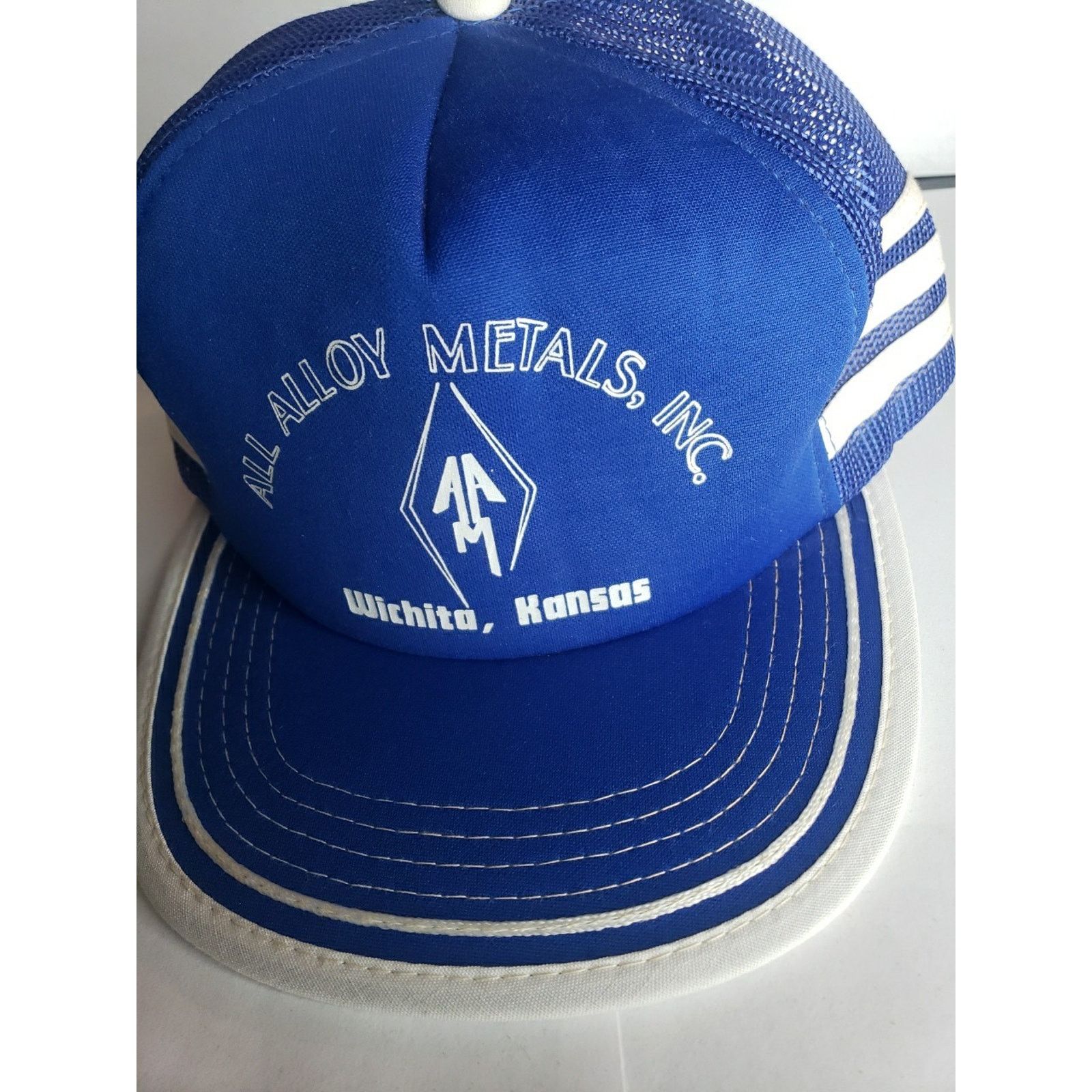 Vintage VTG Three Stripe Trucker Hat USA Mesh 70s 80s Blue Metal Size ONE SIZE - 4 Thumbnail