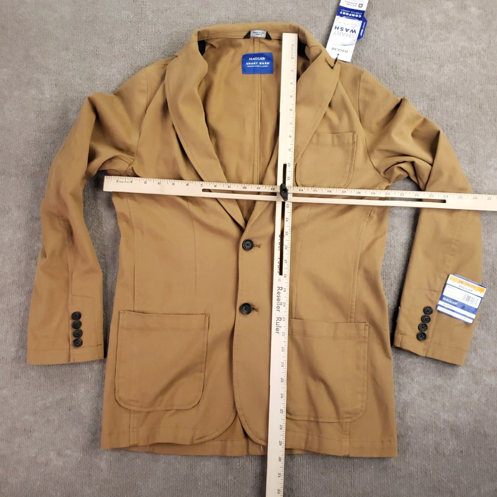 Haggar Haggar Jacket Slim Fit Men’s Small 36-38 Tan Brown Smart Wash Stretch Two-Button Notch Lapel Sport Coat Regular Cotton Spandex Vintage No Size US S / EU 44-46 / 1 - 2 Thumbnail
