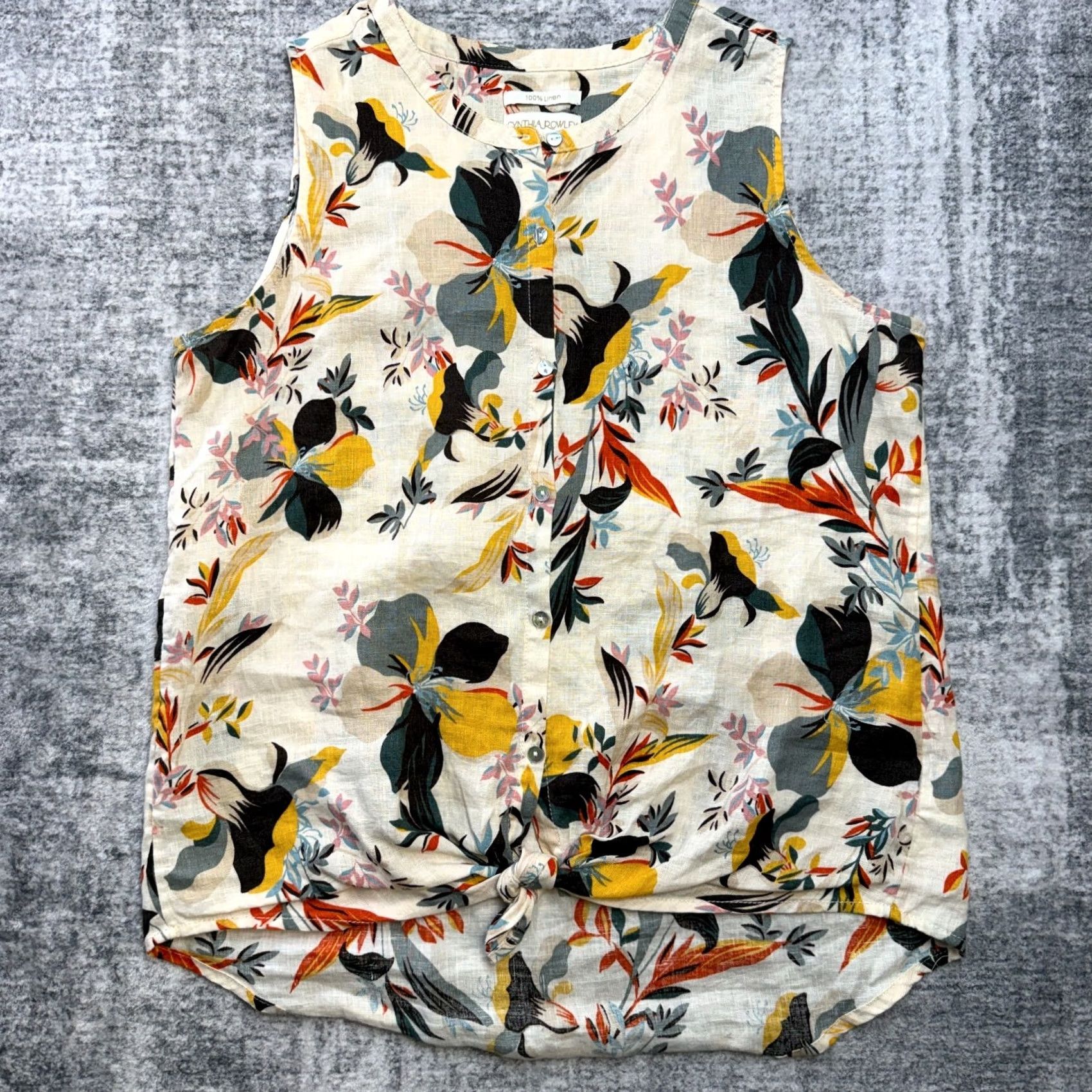Cynthia Rowley Womens Linen Top Medium Beige Floral Sleeveless Resort Beach Tropical Tied Hem Cynthia Rowley Shirt Adult M Beige Floral Beach Tropical Casual Womens Size M / US 6-8 / IT 42-44 - 2 Thumbnail