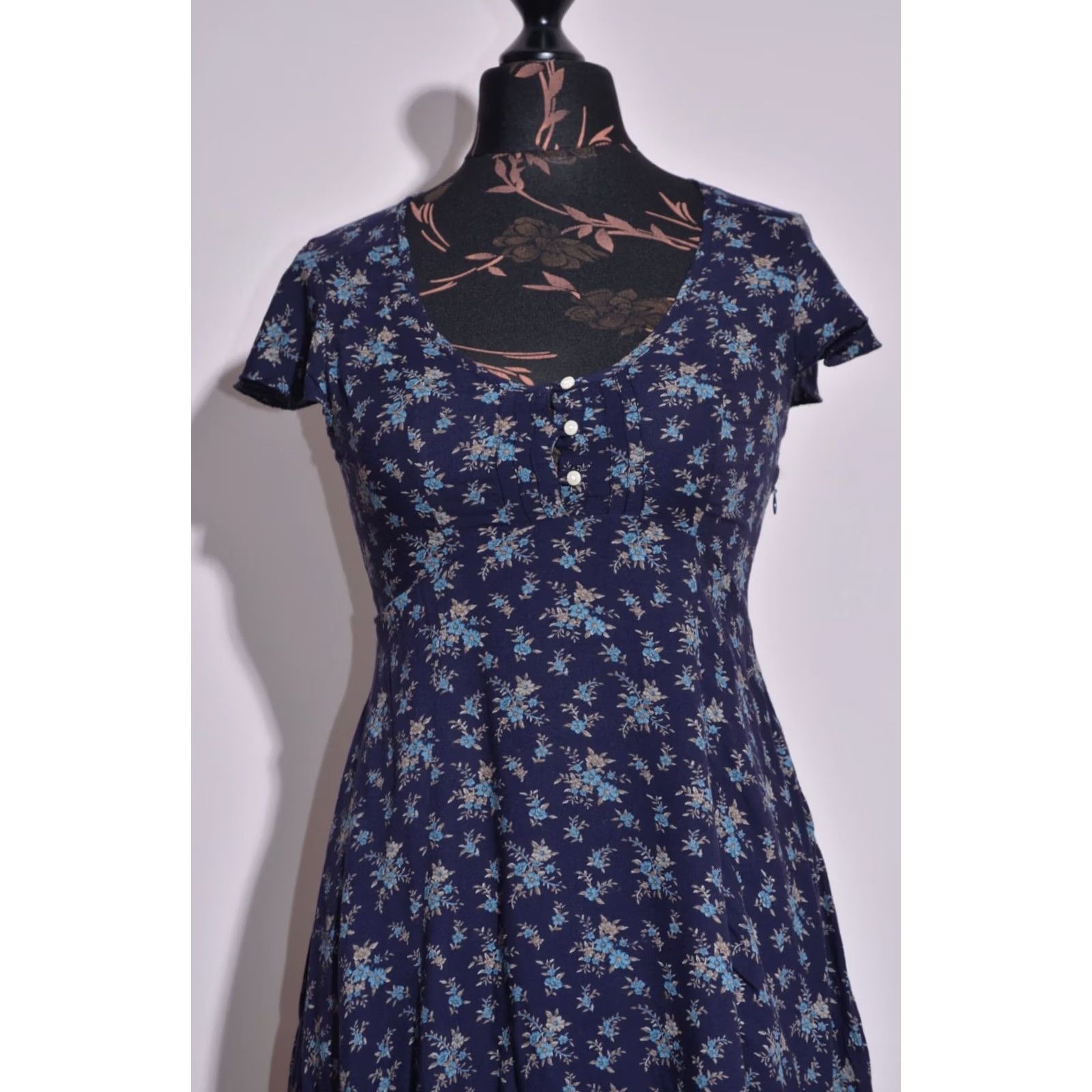Vintage Denim & Supply Ralph Lauren Dress Women Short Sleeve Knee Length Flower Print Size 0 Blue Fit & Flare Size 25" / US 0 / IT 36 - 2 Thumbnail