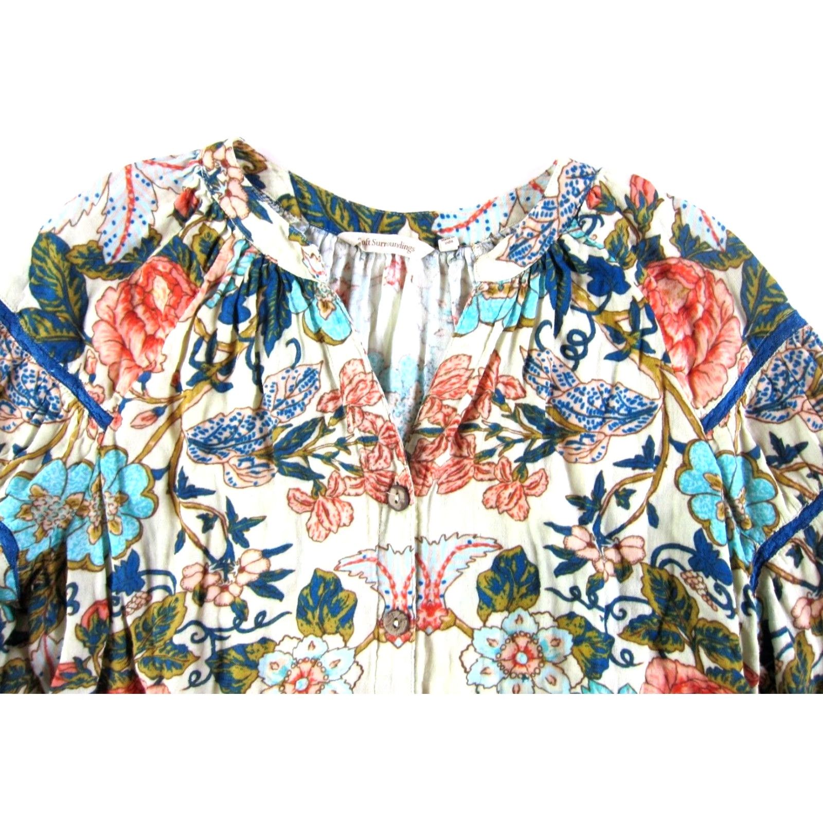 Soft Surroundings Soft Surroundings Cotton Pink Blue Green Floral Button Down Long Sleeve Blouse L Women’s Shirt Regular Floral Pattern V-Neck Button Cotton Blouse Size L / US 10 / IT 46 - 3 Thumbnail