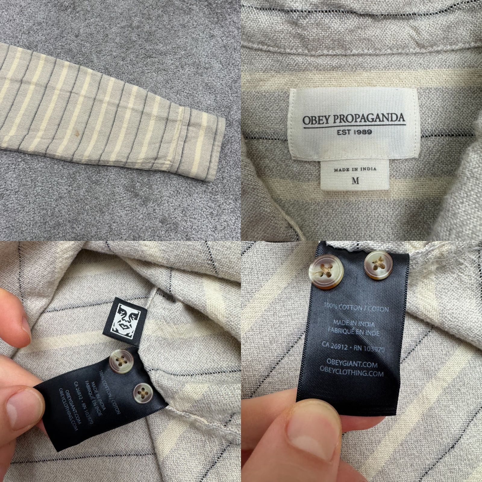 Obey VINTAGE Obey Propaganda Shirt Mens Gray Cream Striped Long Sleeve Cotton Casual Shirt Size US L / EU 52-54 / 3 - 8 Thumbnail