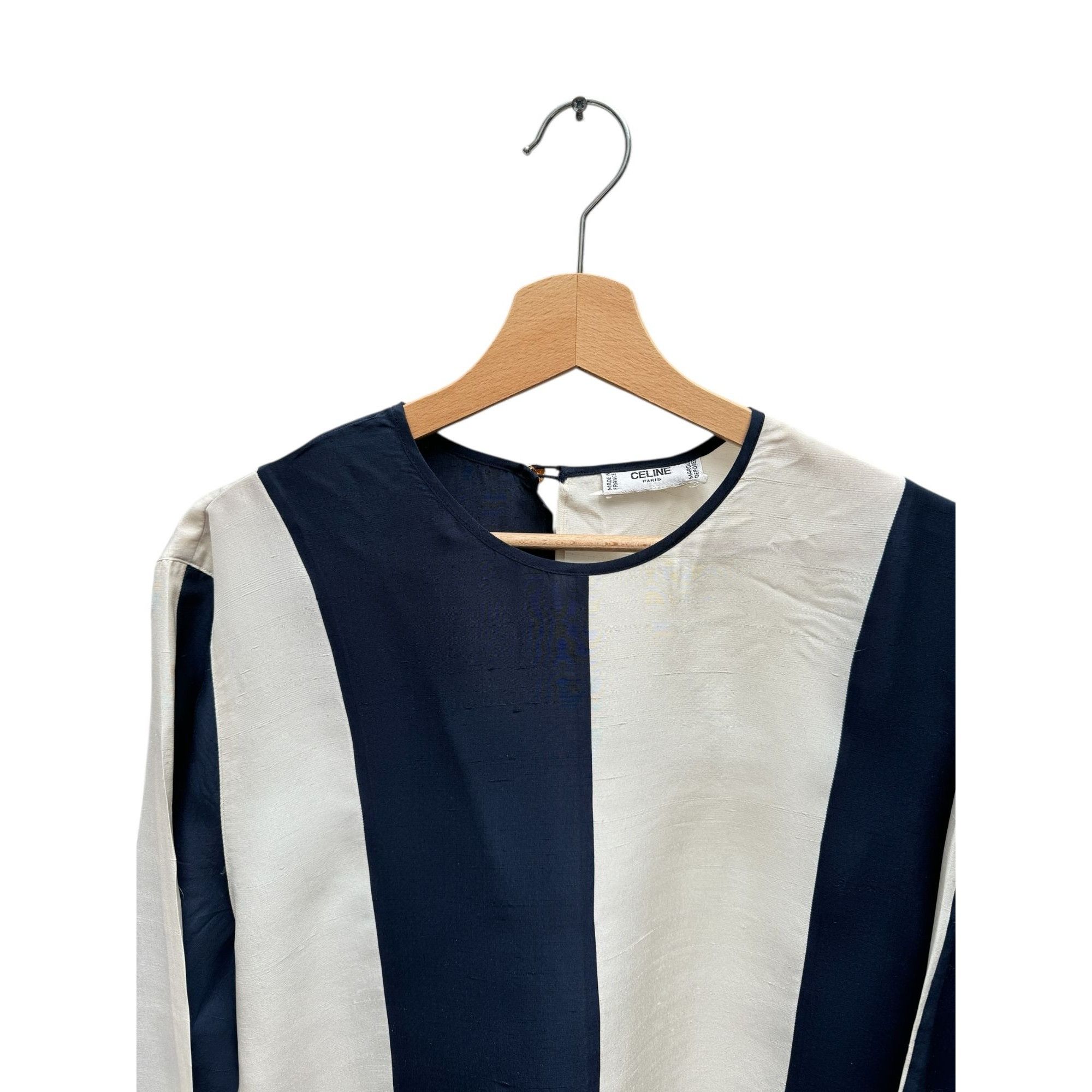 Celine Vintage Navy & White Striped Silk Blouse Size L / US 10 / IT 46 - 2 Thumbnail