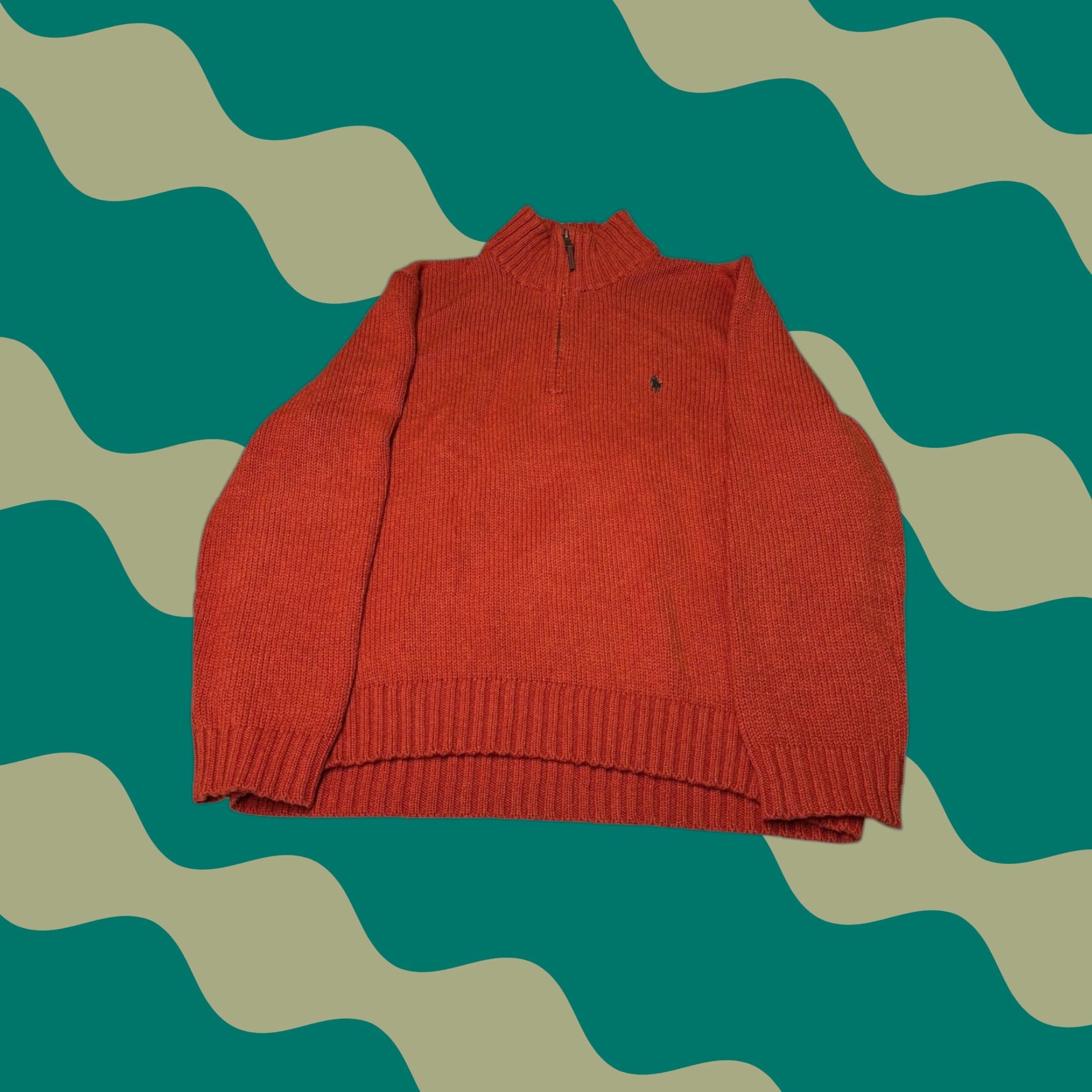 VINTAGE Polo Ralph Lauren Mens Sweater 1/4 Zip Knit Orange Cotton Mock Neck Pullover Long Sleeve XXL