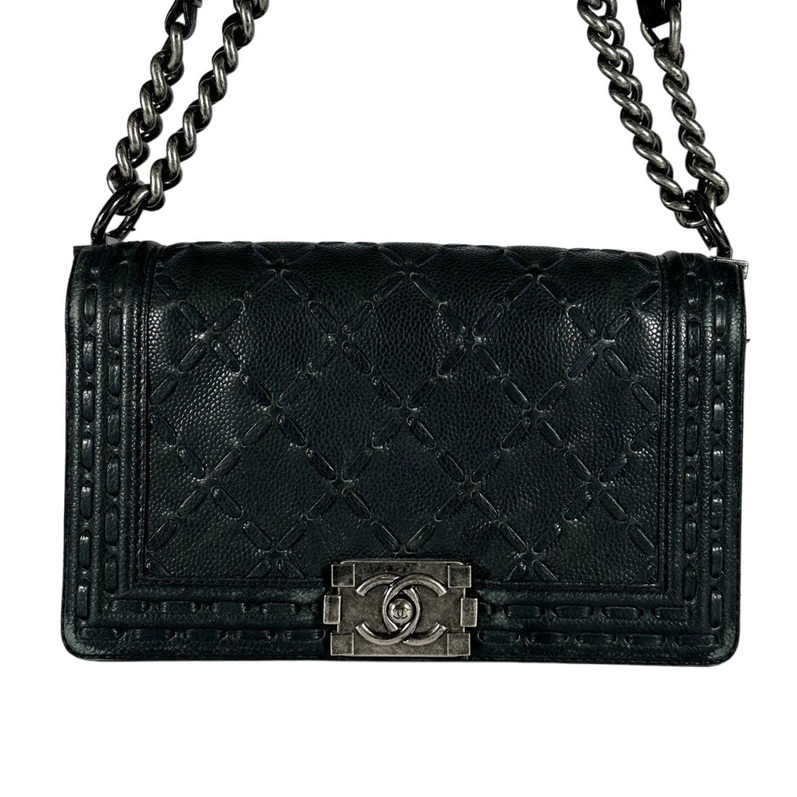 CHANEL Caviar Stitched Medium Boy Flap Shoulder Bag Black