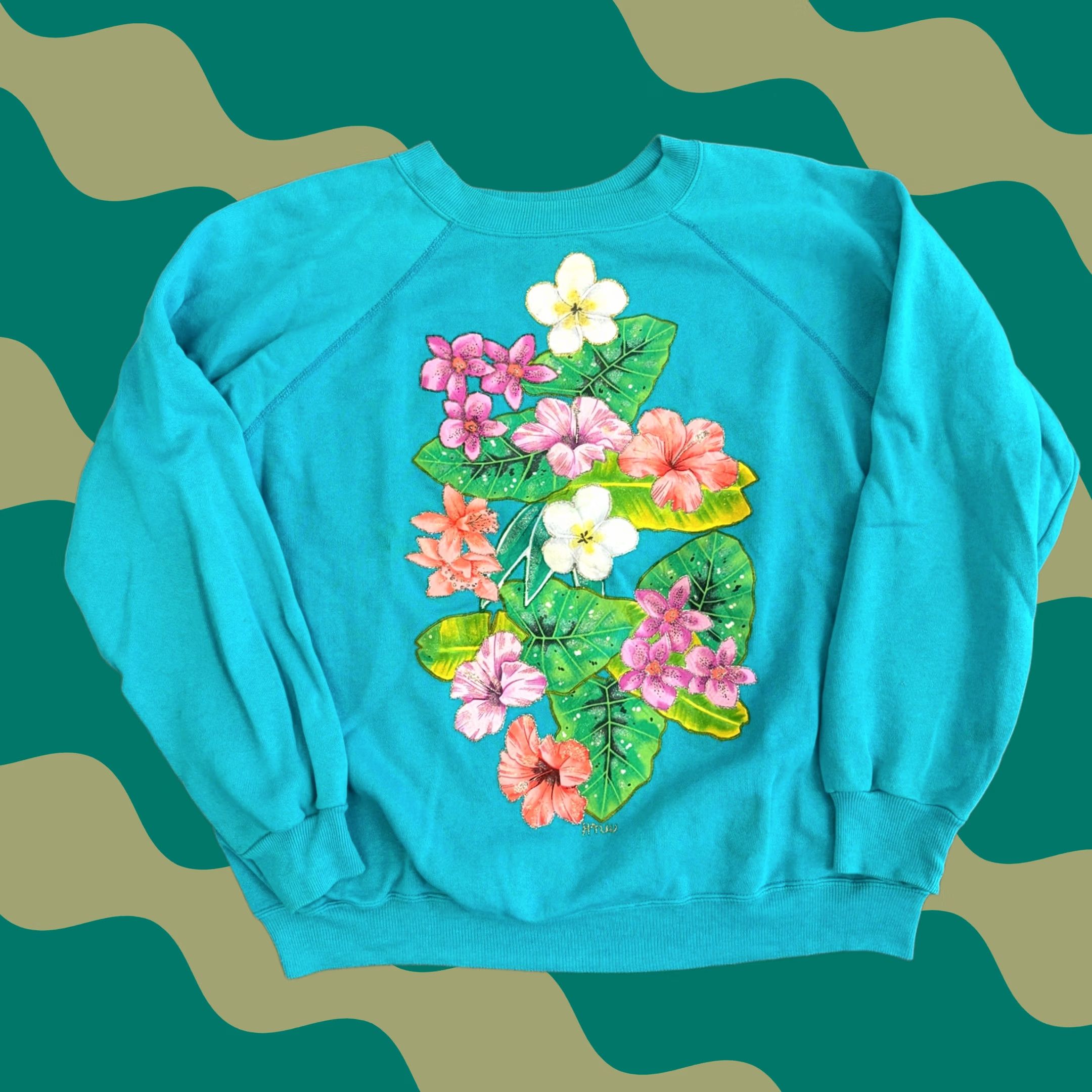Altea VINTAGE Y2k Floral Spring Teal Embellished Puff Longsleeve Pullover Crewneck XL Womens Size XL / US 12-14 / IT 48-50 - 1 Thumbnail