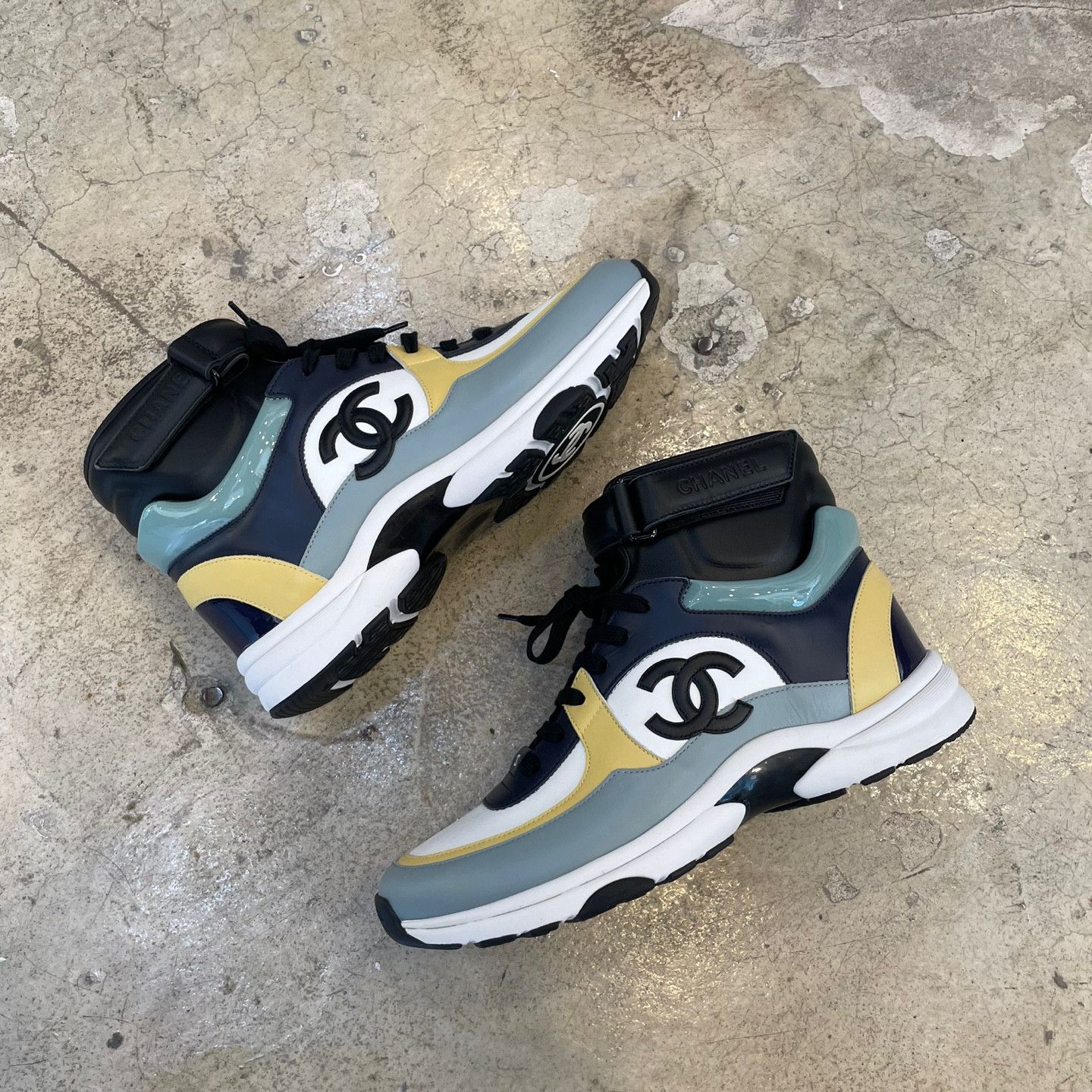 Chanel Chanel Logo High Top Sneakers Navy Yellow Grailed