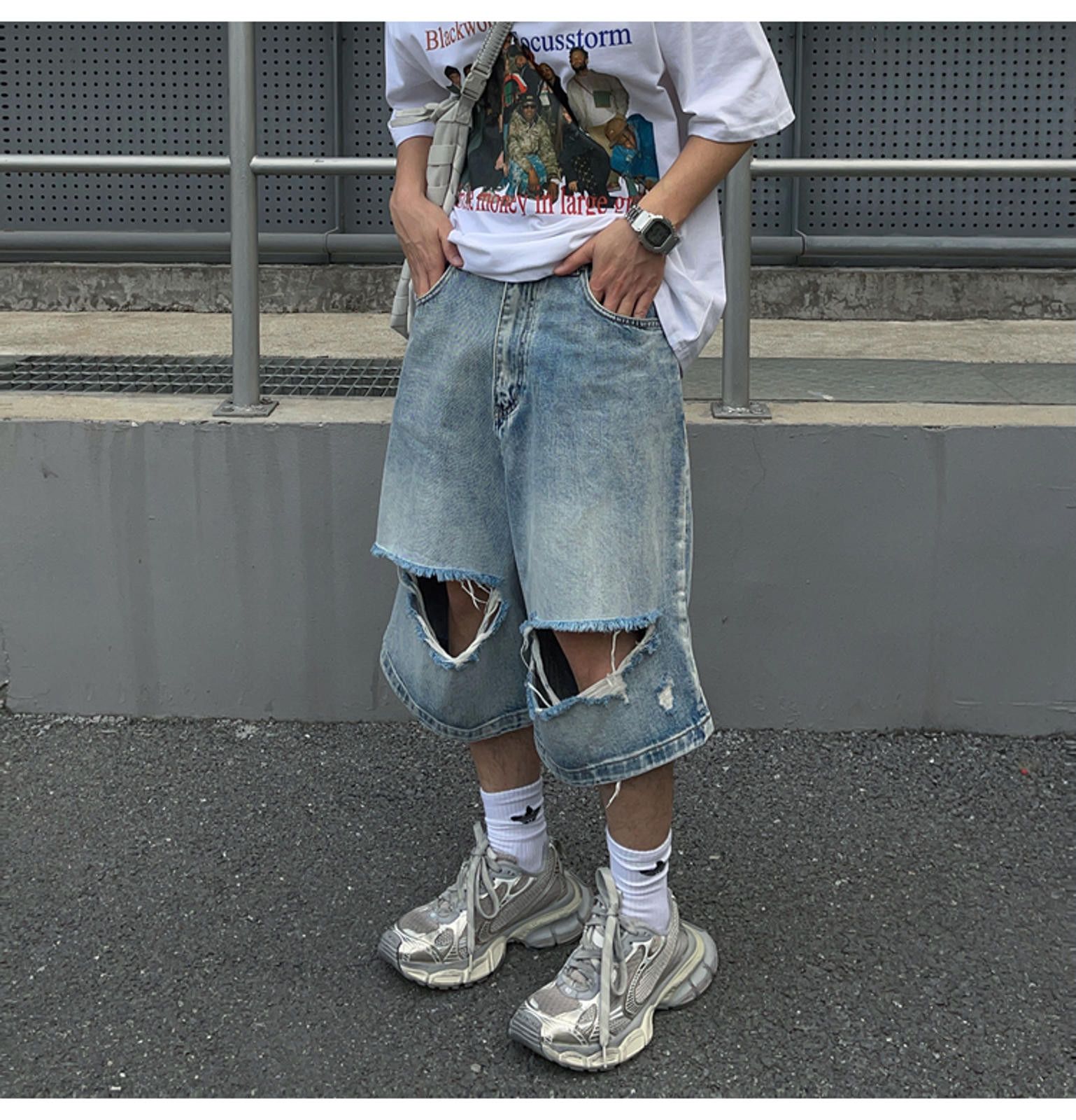 Jean × Vintage Men's Distressed Denim Shorts, Ripped Baggy Jean Shorts Size US 30 / EU 46 - 9 Thumbnail