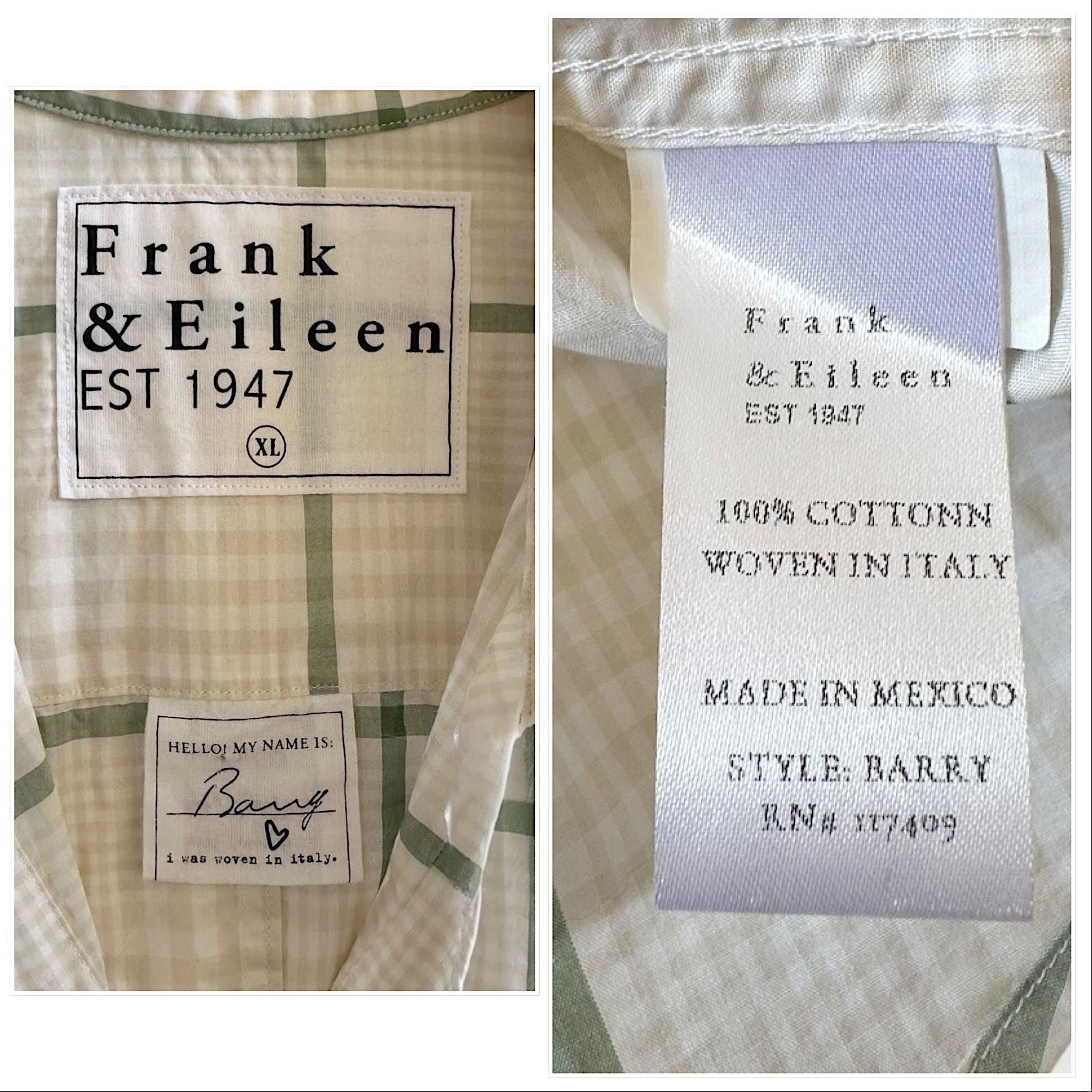 Frank & Eileen Frank & Eileen Barry Shirt, Size XL , Green/sand Check, New, Size XL / US 12-14 / IT 48-50 - 3 Thumbnail