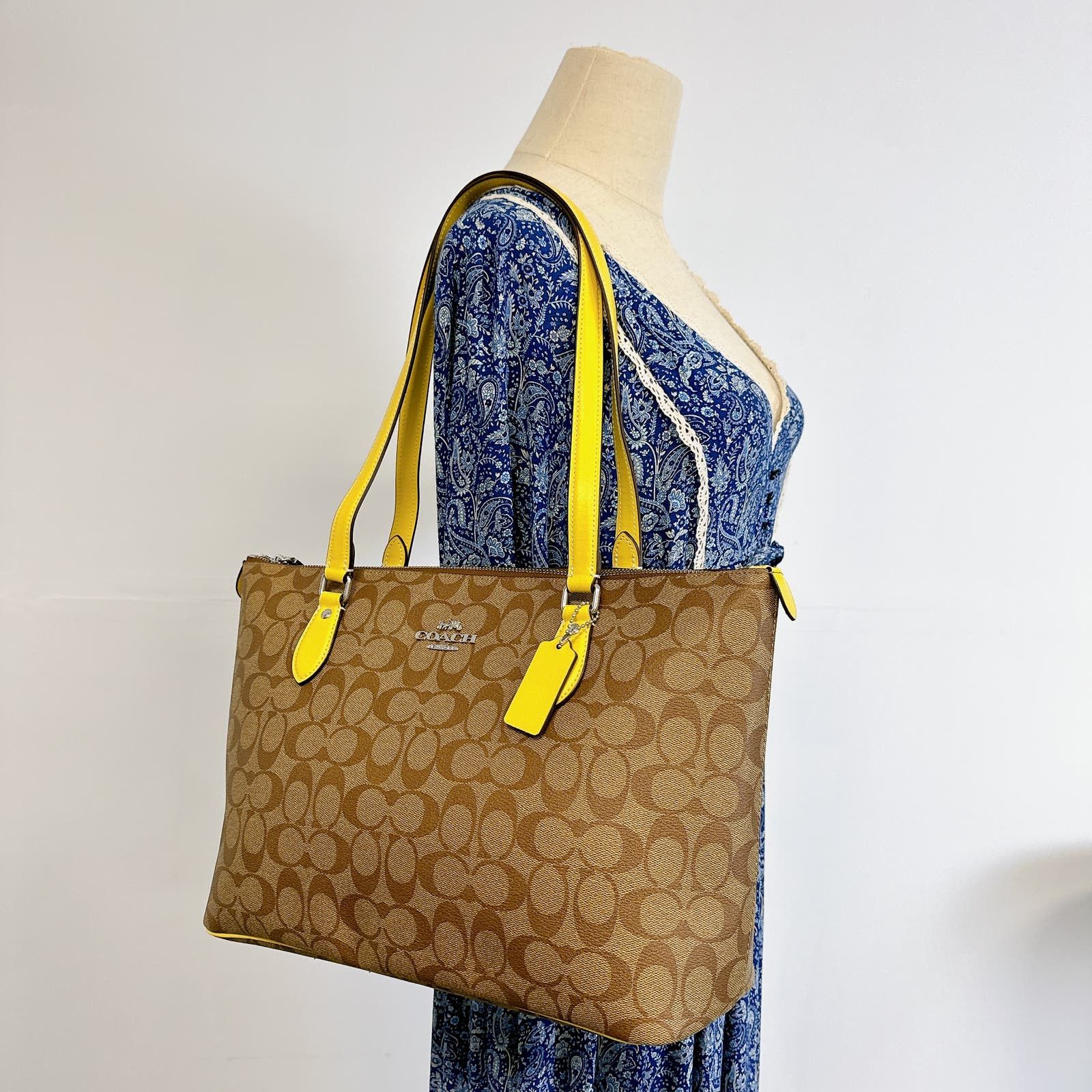 image of Coach Ch504 Gallery Tote In Signature Canvas In Khaki Yellow in Brown, Women's
