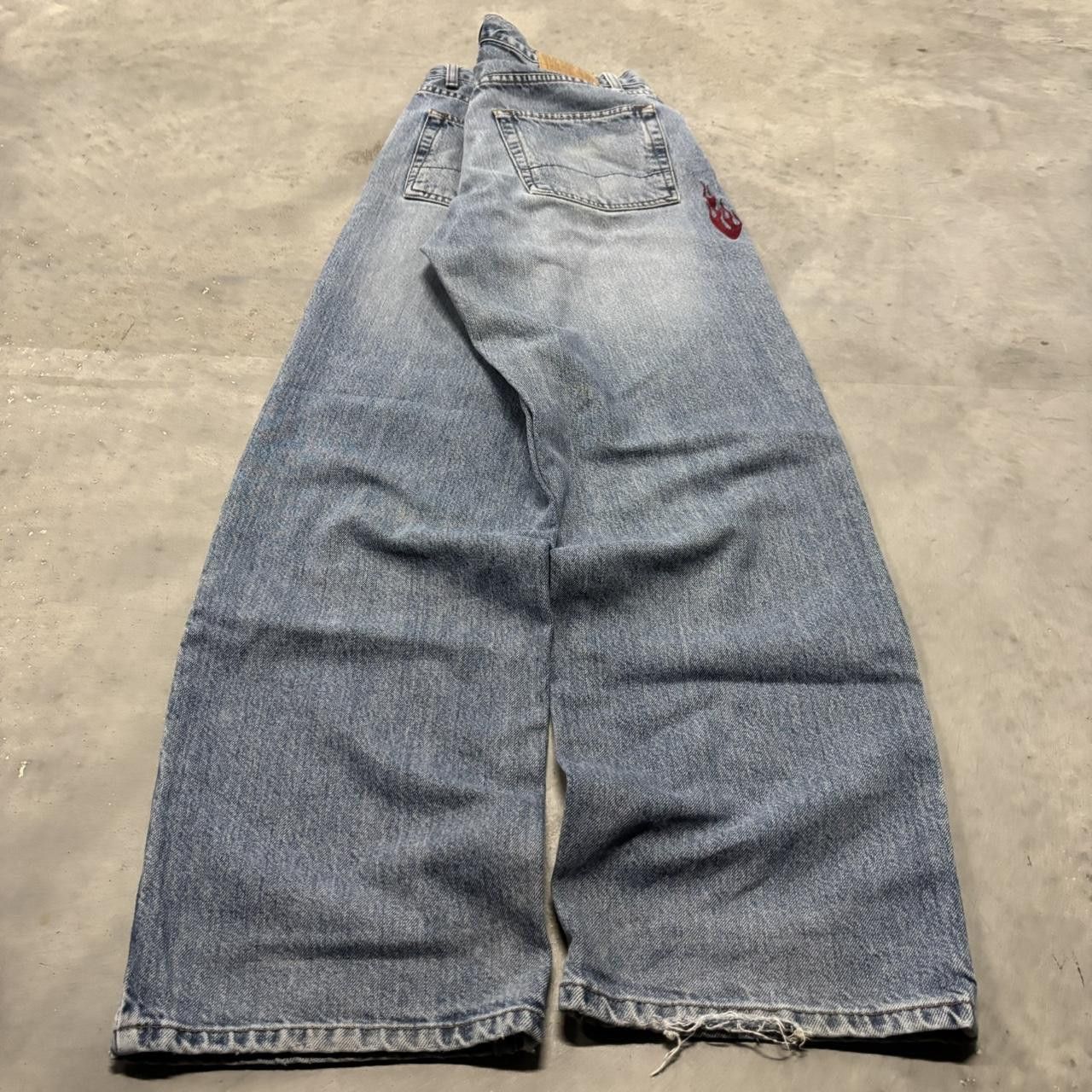 Japanese Brand × Vintage Crazy Vintage Y2K/2000s Baggy Faded Wash Embroidered Flames Skater Denim Jeans! Size US 32 / EU 48 - 4 Thumbnail