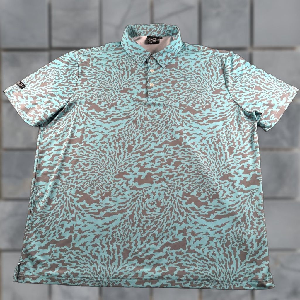 Sunday Swagger Polo Shirt Mens 2XL Turquoise Gray Abstract Print Camouflage Short Sleeve Button Collared Golf Modern NWOT