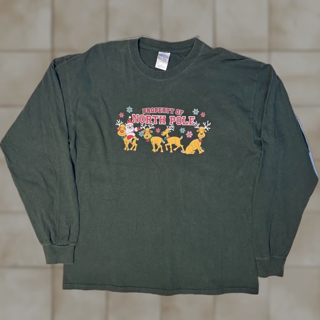 Gildan VINTAGE Gildan T-Shirt Santa Claus Logo Long Sleeve XL Green Adults Men Jersey Crew Neck 2000s Christmas Shirt Size US XL / EU 56 / 4 - 1 Thumbnail
